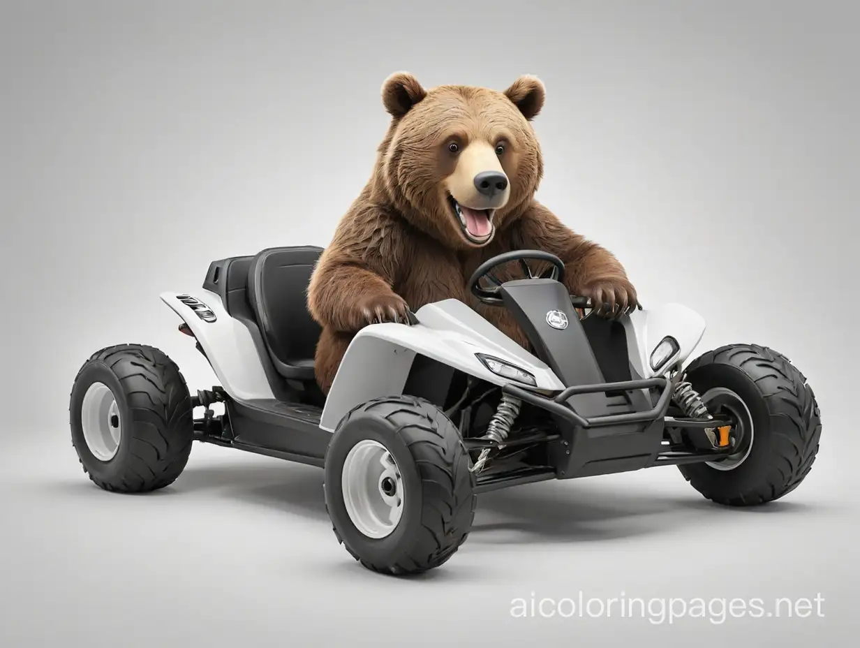 A grizzly bear riding go kart, Coloring Page, black and white, line art, white background, Simplicity, Ample White Space. The background of the coloring page is plain white to make it easy for young children to color within the lines. The outlines of all the subjects are easy to distinguish, making it simple for kids to color without too much difficulty