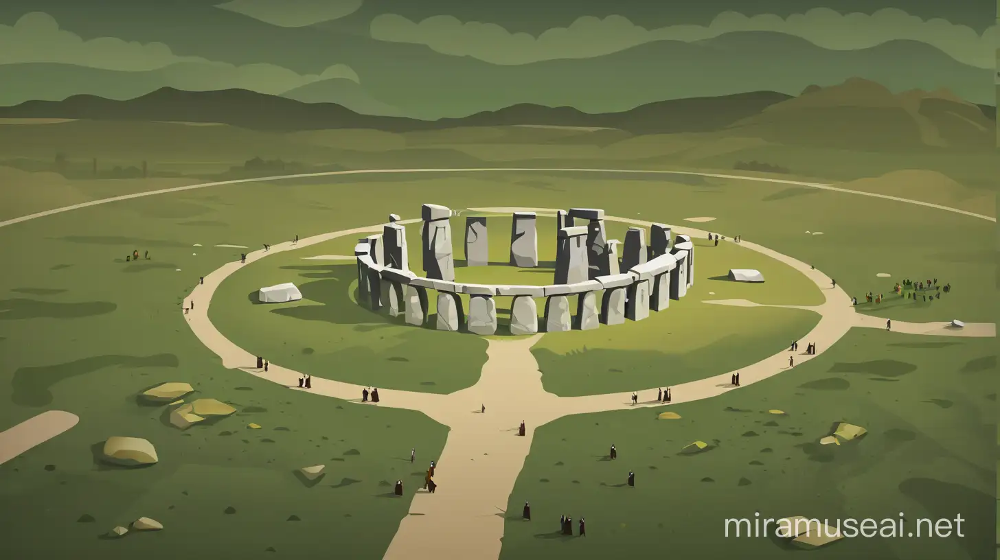 Mixed style of cinematic art,travel poster and flat vector art. Reconstruction of Stonehenge with ancient, Celtic, religious ritual in the middle.