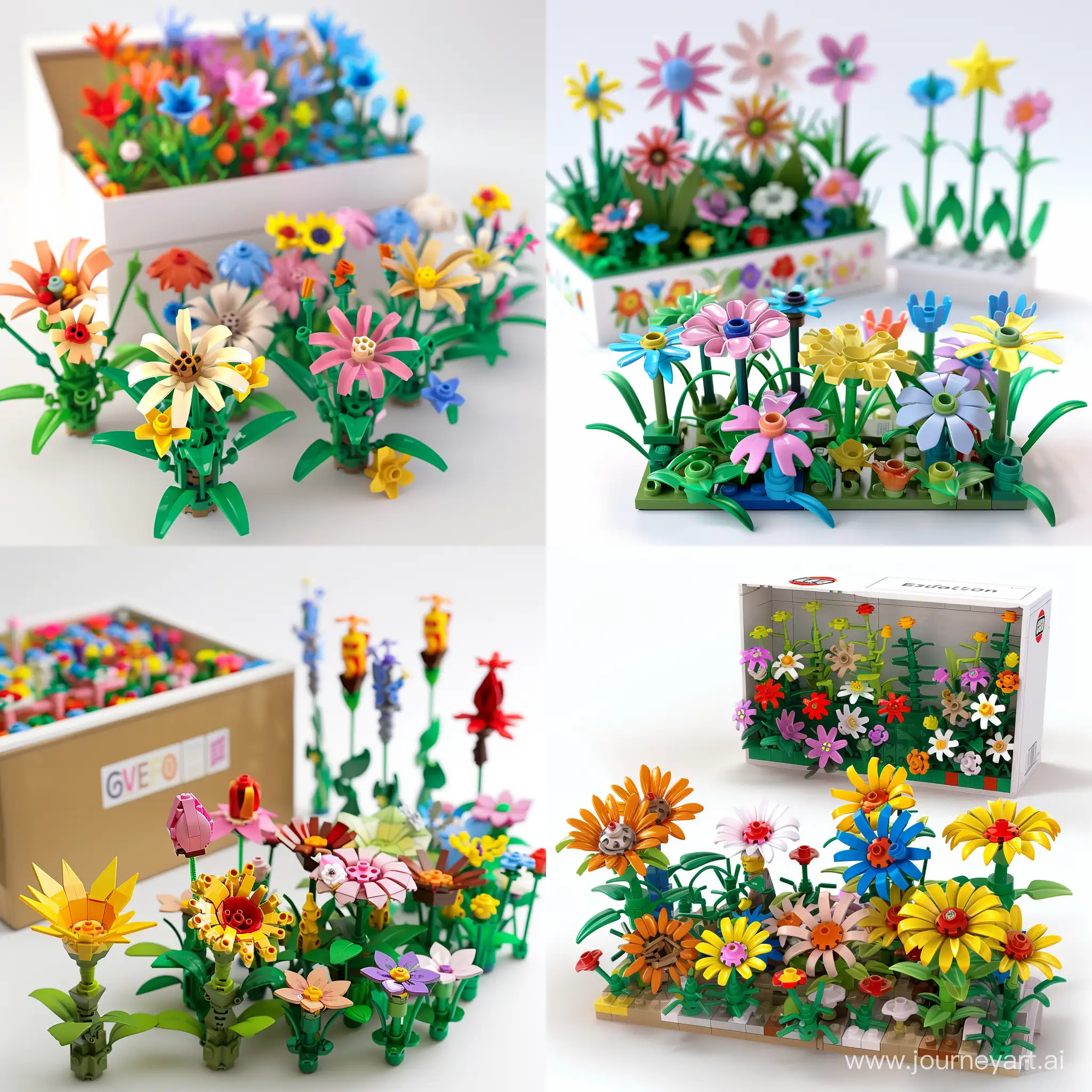 White background, 3d space, beautiful lego flowers in the foreground, a box of lego flowers in the background