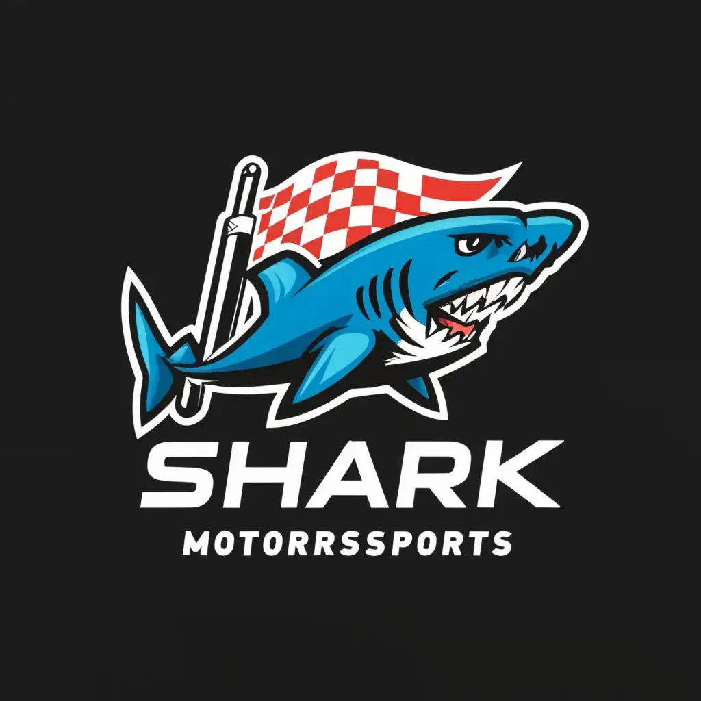 a logo design,with the text "Shark Motorsports", main symbol:Shark checkered flag,Minimalistic,be used in Automotive industry,clear background