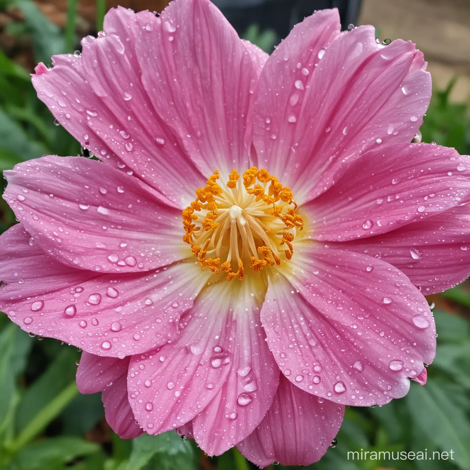 A glorious drop of water falling on an open flower 