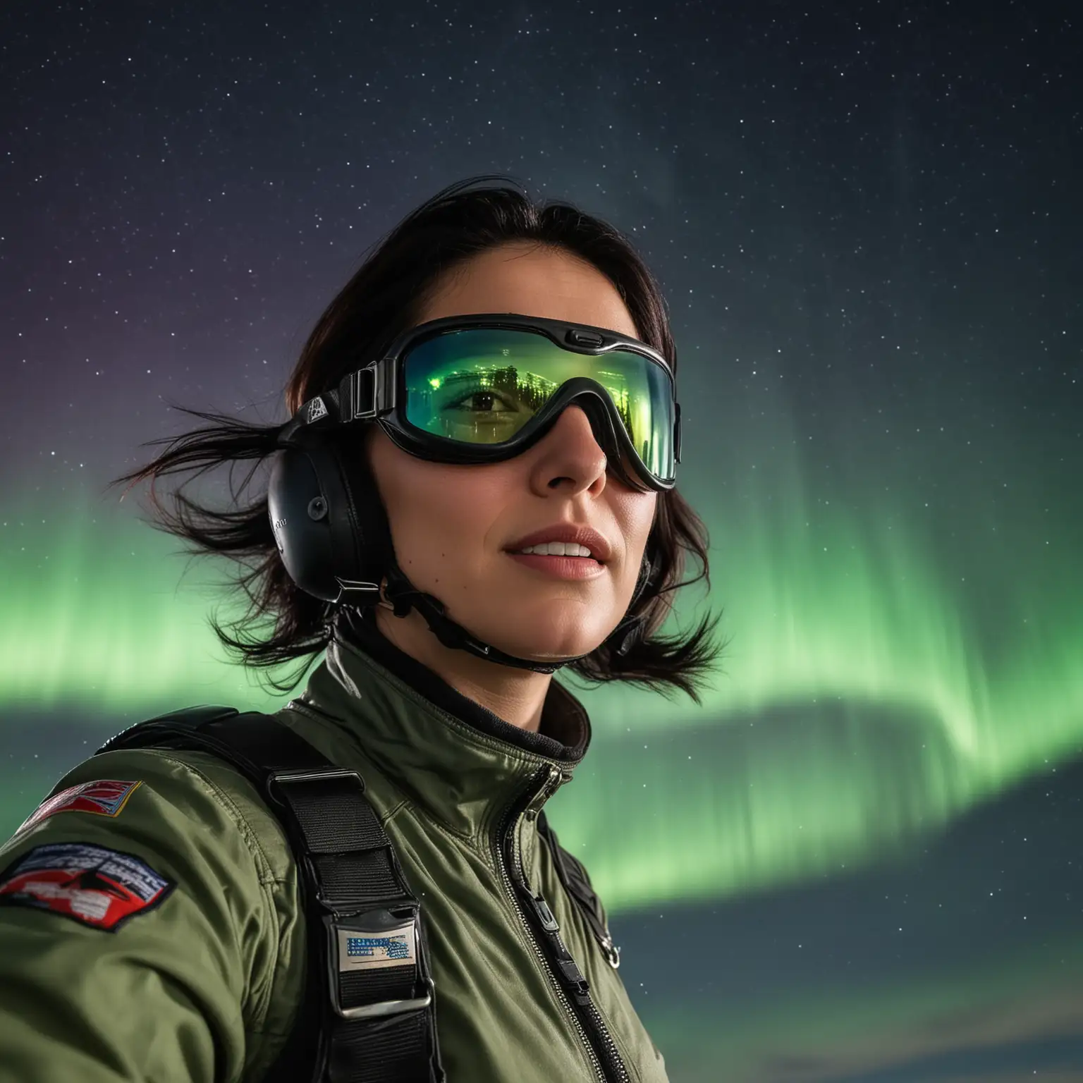 The photo is looking up with the Northern Lights in the sky.  in the distance, a beautiful woman aged 30, English, athletic with black hair, solo skydiving.  she is wearing goggles. and a flight suit unzipped down to the waist