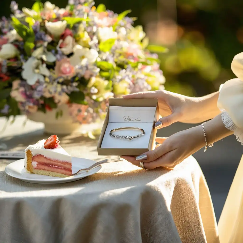 woman's beautiful hand holding a bracelet gift box, put a piece of   strawberry cake next to her, linen tablecloth , floral arrangement on the table blurred , bright sunny day
