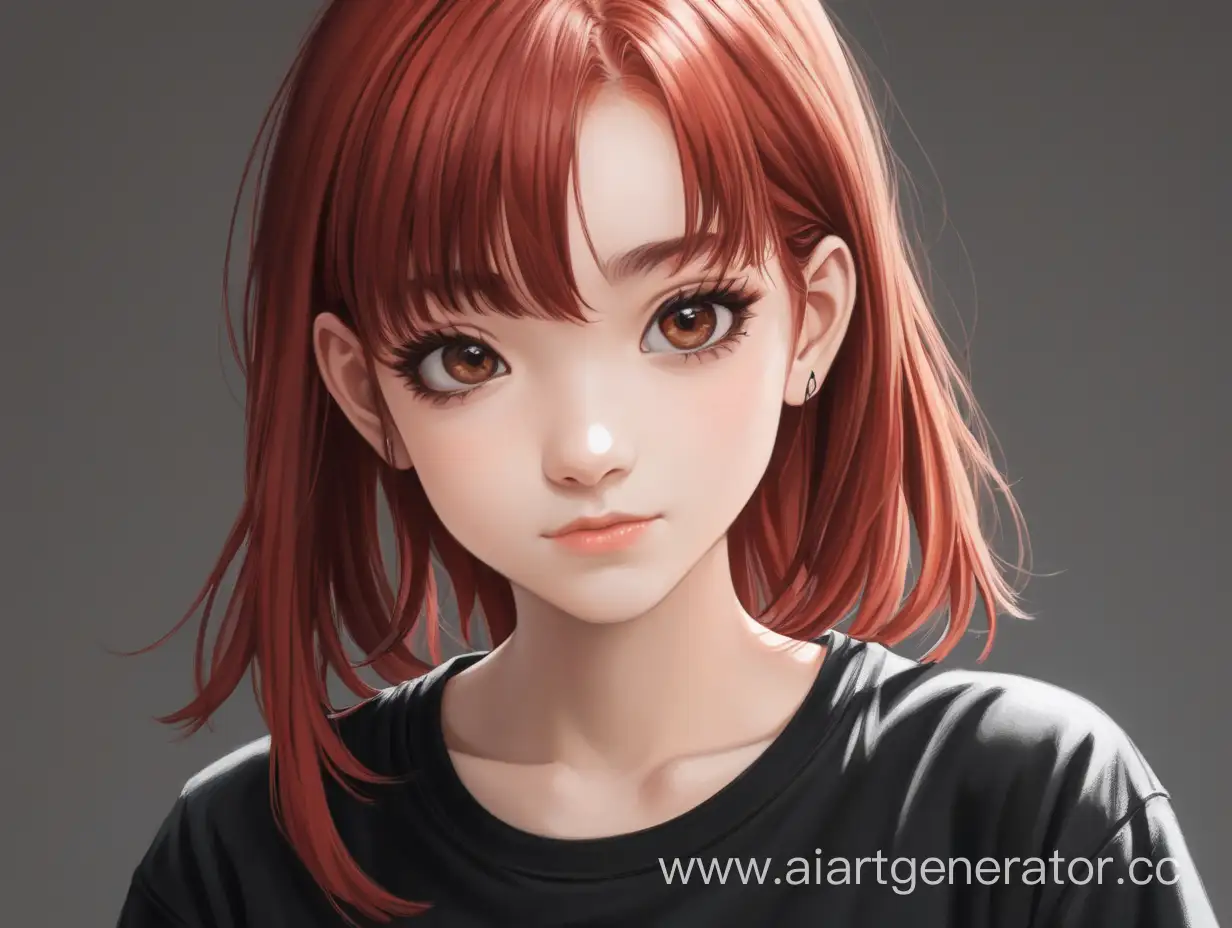 Девушка среднего роста с карими глазами и вишнёво красными волосами в футболке черного цвета
