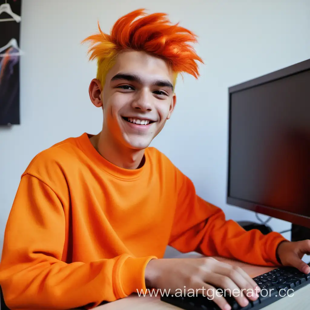A teenager at a computer in his room in orange clothes with multicolored hair is smiling