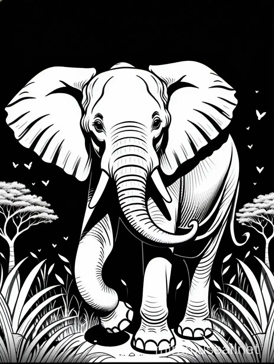generate another
 coloring page for kids with a beautiful elephant in African savanna
 on black background