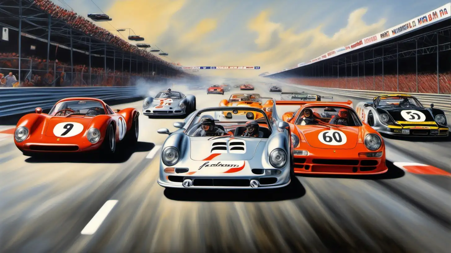 Thrilling Historic Car Race Porsche Ferrari and McLaren Duel at Sunset