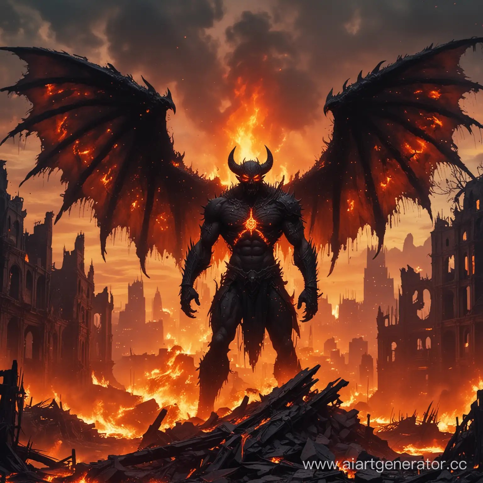 Черный демон с много ранами цвета огня, на фоне разрушенный город горит огнем, и крылья у демона неоново огневые