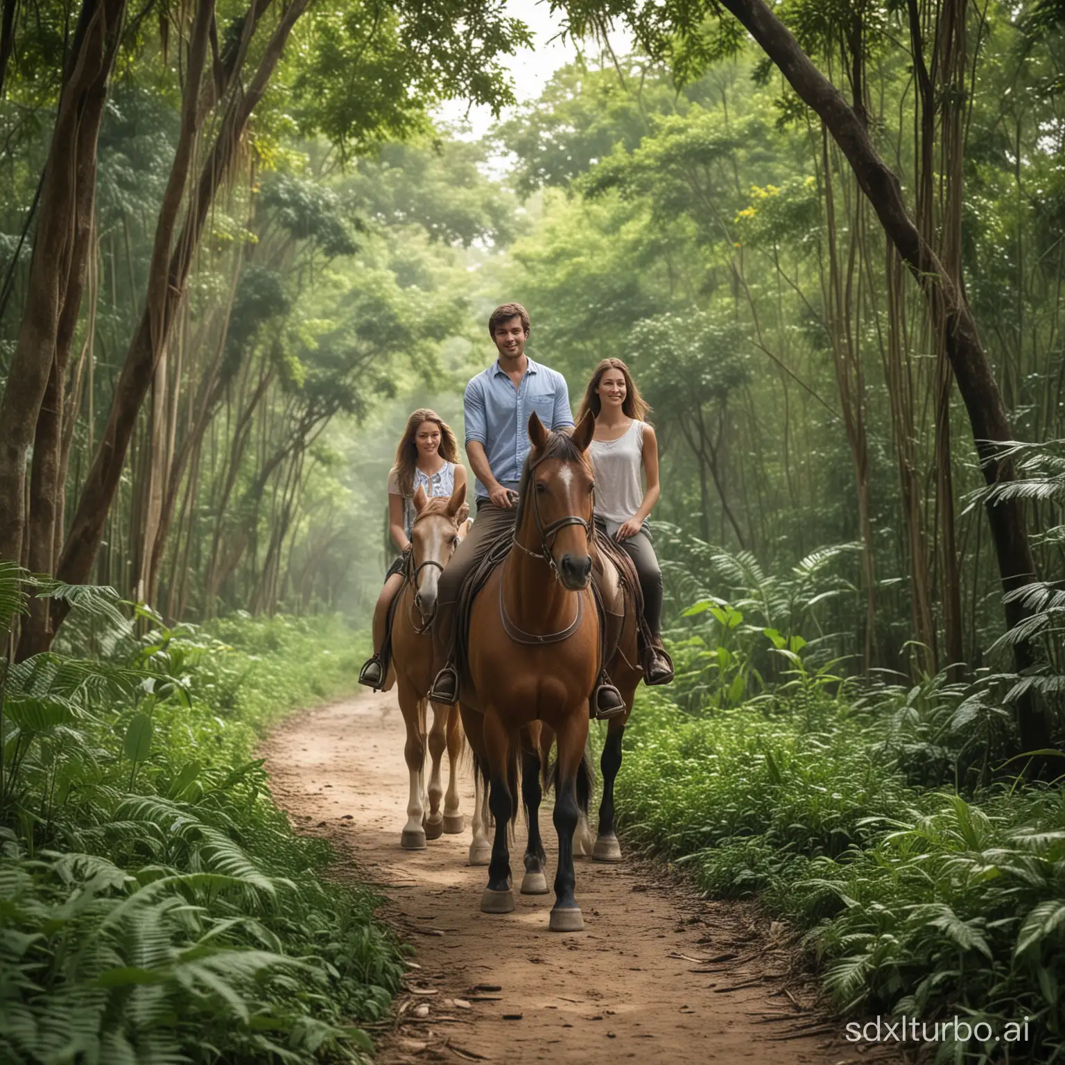 a romantic couple horse riding in jungle