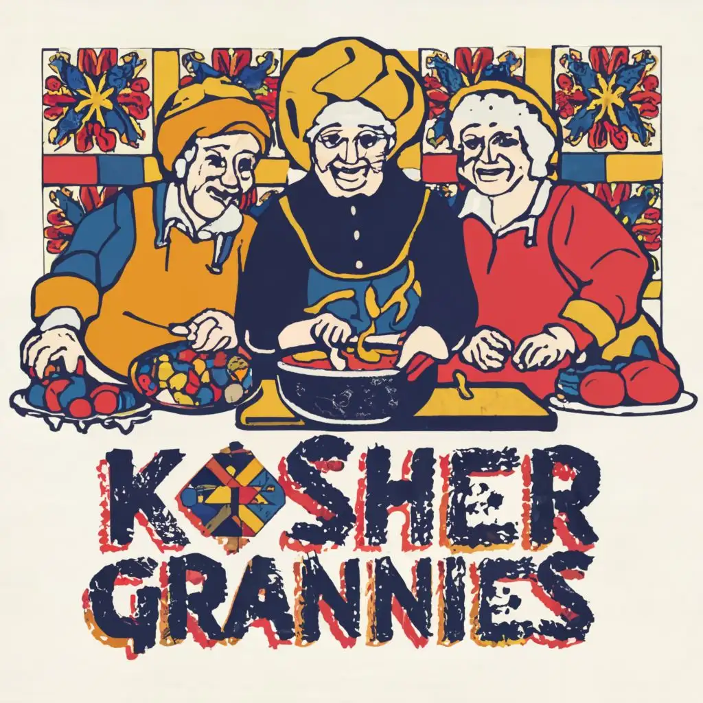 logo, Israel, yellow, blue, white, red, Jewish food and two traditional cool Jewish grannies cooking, Paul Klee, with the text 'Kosher Grannies', in Portuguese tiles, typography, be used in the Automotive industry