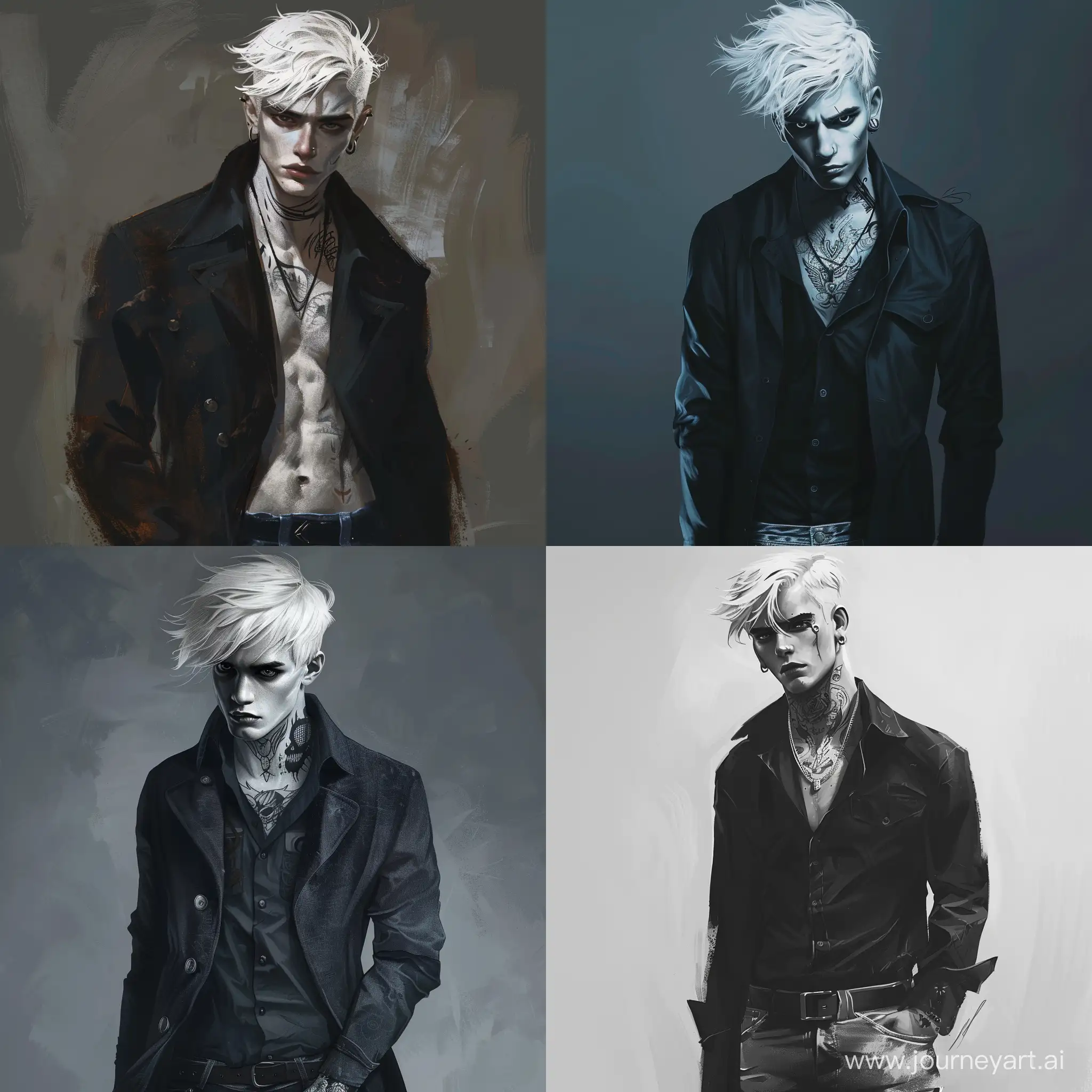 Handsome guy, white hair, black eyes, white skin, young, teenager, 19 years old, fit, dangerous, predatory facial features, neck tattoos, wearing a coat shirt and jeans, high quality, high detail, realistic art