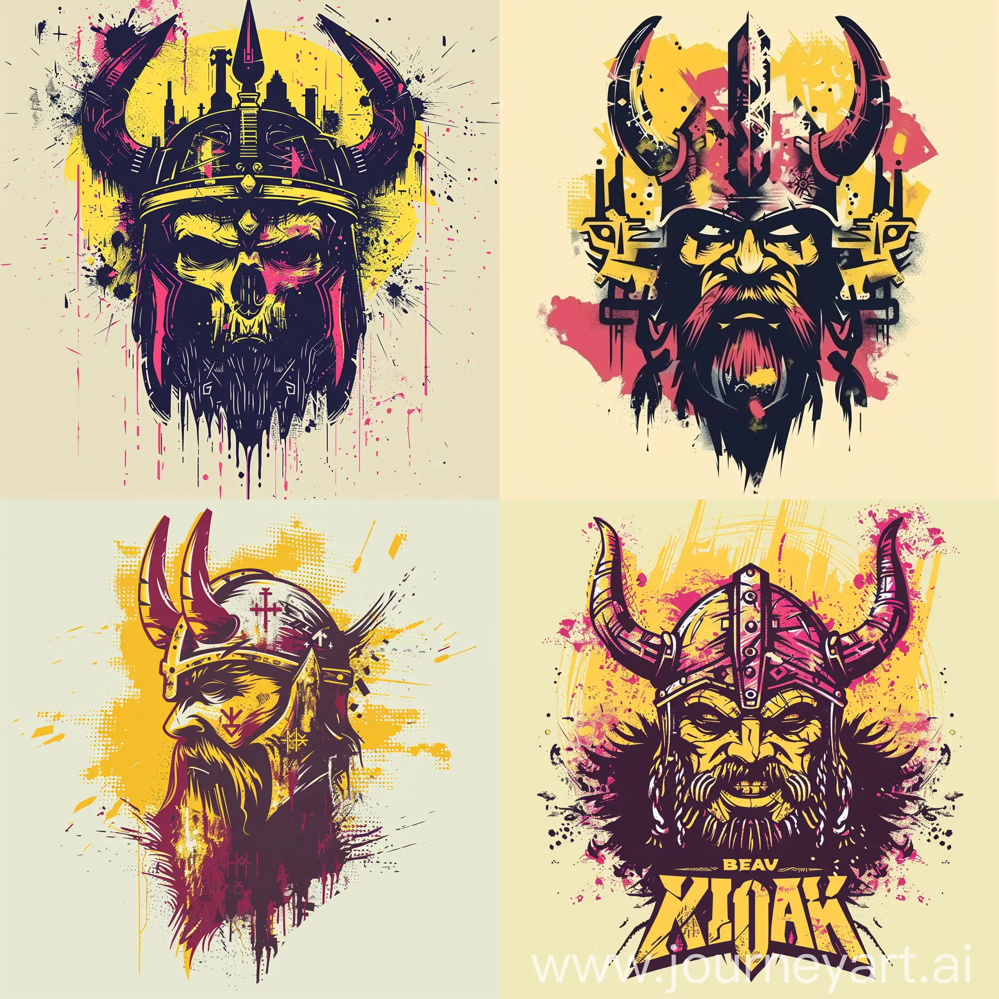 viking vector illustration, in the style of bold graffiti murals, light yellow and dark crimson, city portraits, rough clusters, masks and totems, logo, weathercore
