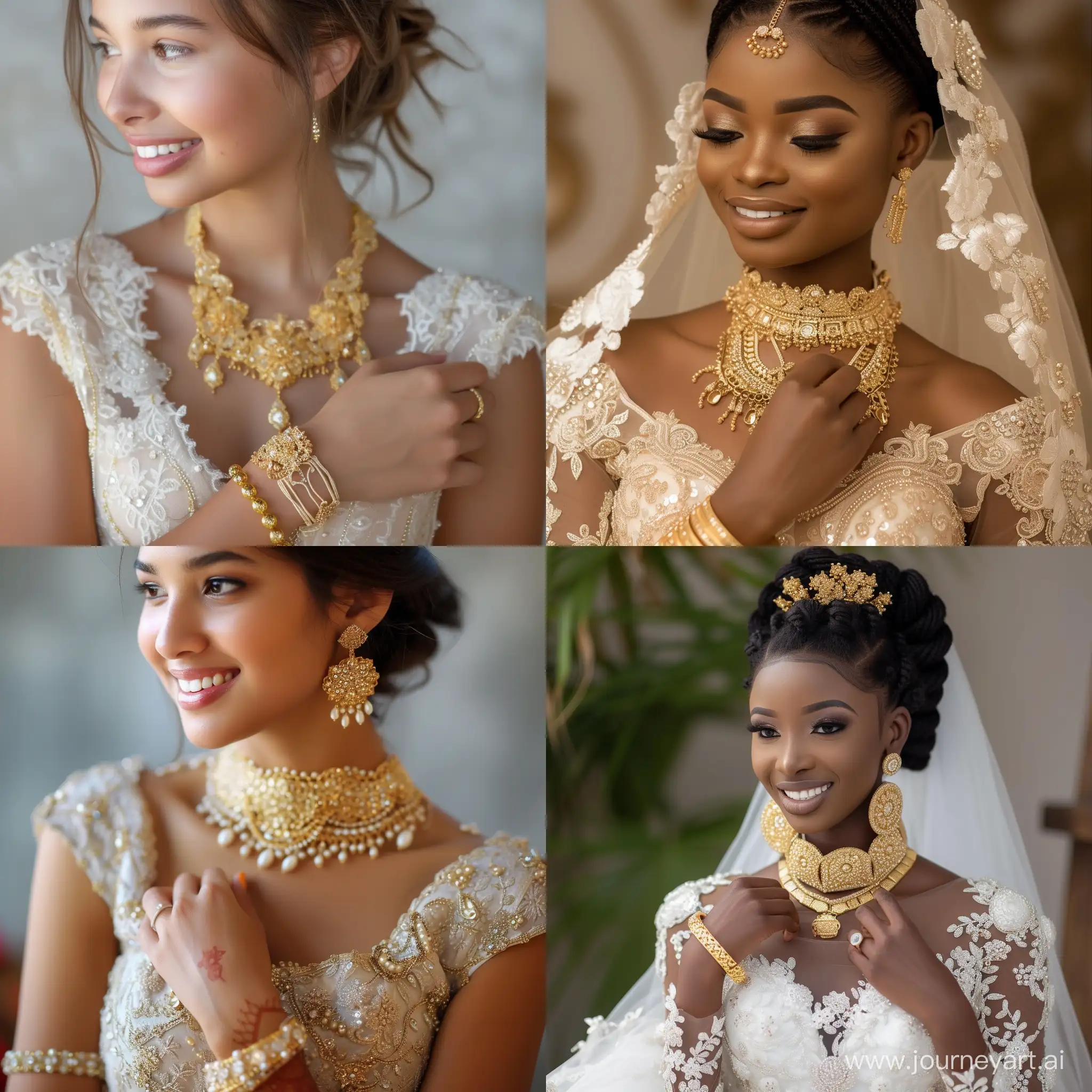 A young and beautiful bride wearing a gorgeous wedding dress, adorned with luxurious gold jewelry around her neck, and a delicate gold bracelet on her hand, wearing a smile. --v 6 --ar 1:1 --no 37610