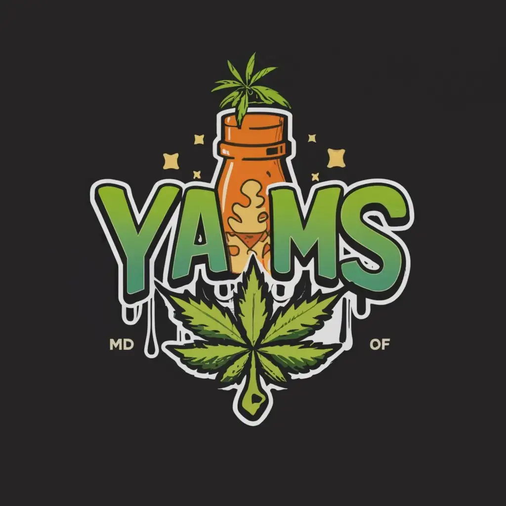 a logo design,with the text "YAM$", main symbol:Weed leaf,a rolled joint,bottle of syrup,lines of powder,,Moderate,clear background