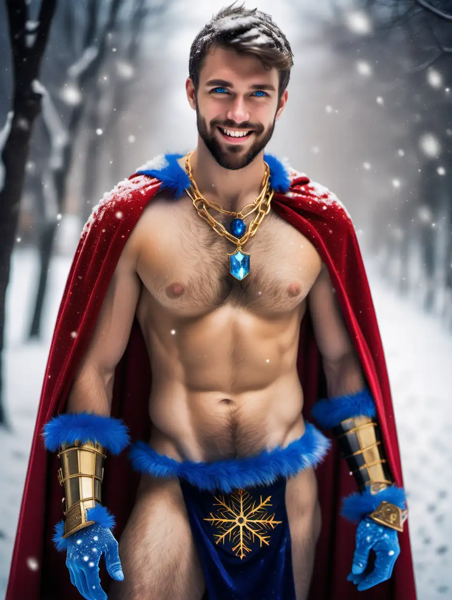 handsome hairy chest almost naked european male knight, 24 years old, bearded, short hair, blue eyes, 5 o'clock shadow, show hairy chest, show abs, golden necklace with a blue crystal, leg armor, bracelets, smiling, red cape, beard, snowflakes and naked