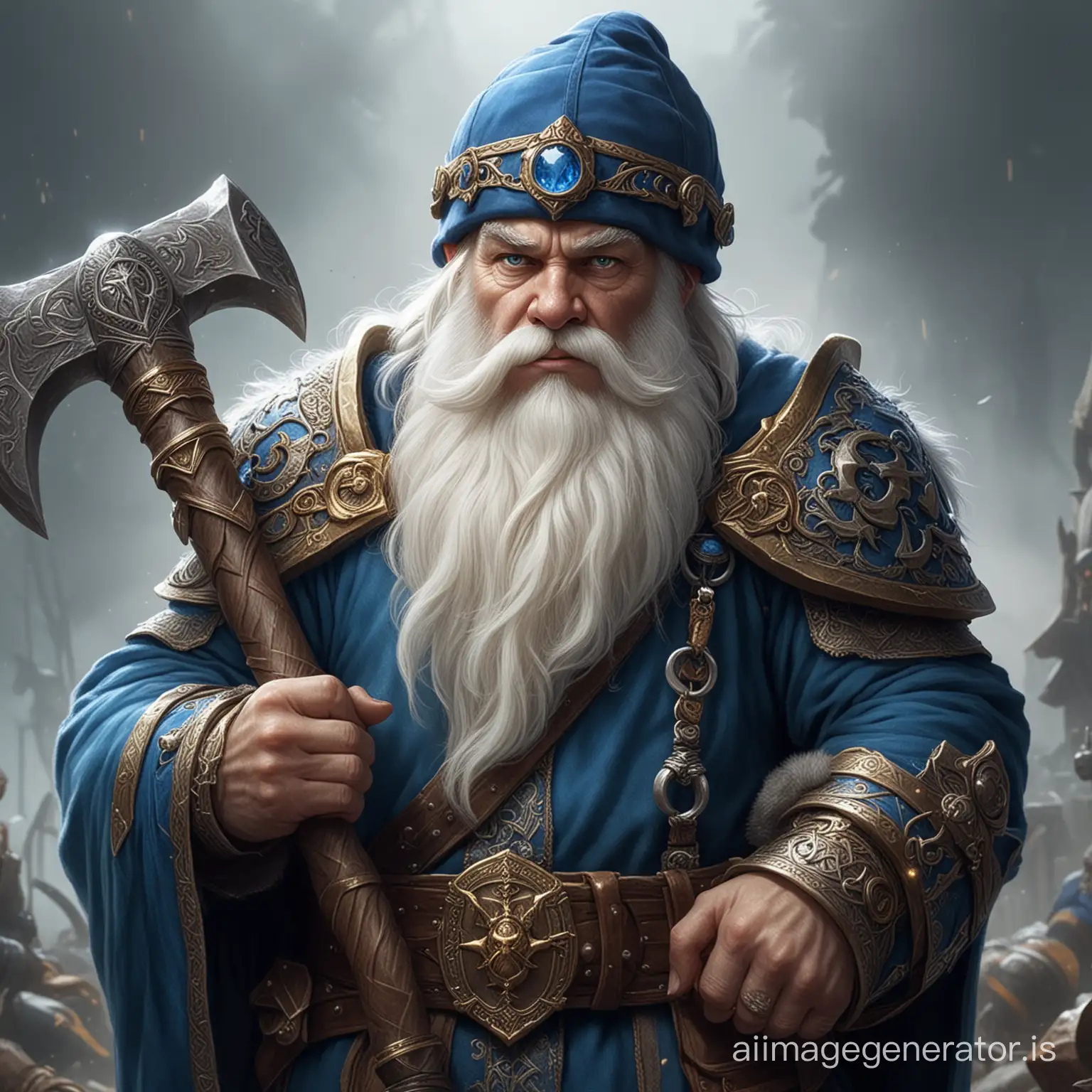 Large dwarf with a white beard and a blue hat holding an axe. He wears a armor of golden rings. He looks like from a serious fantasy-movie