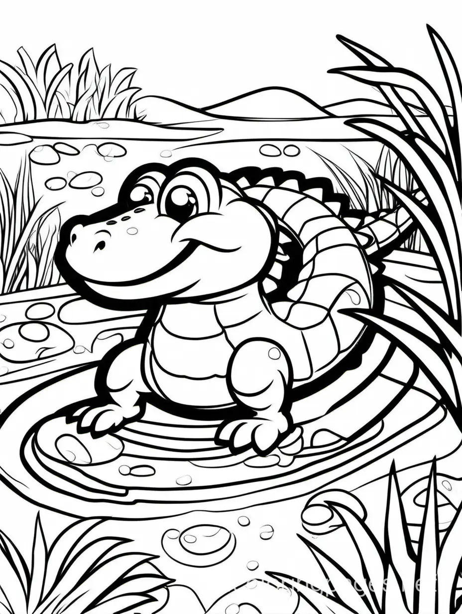 Cute-Alligator-Coloring-Page-Playful-Reptile-in-Pond-with-Yarn