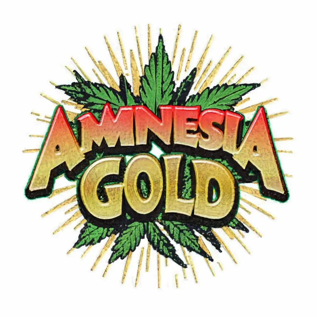LOGO-Design-For-Amnesia-Gold-Comic-Style-Weed-Leaf-Emblem-with-Rastaman-Vibe