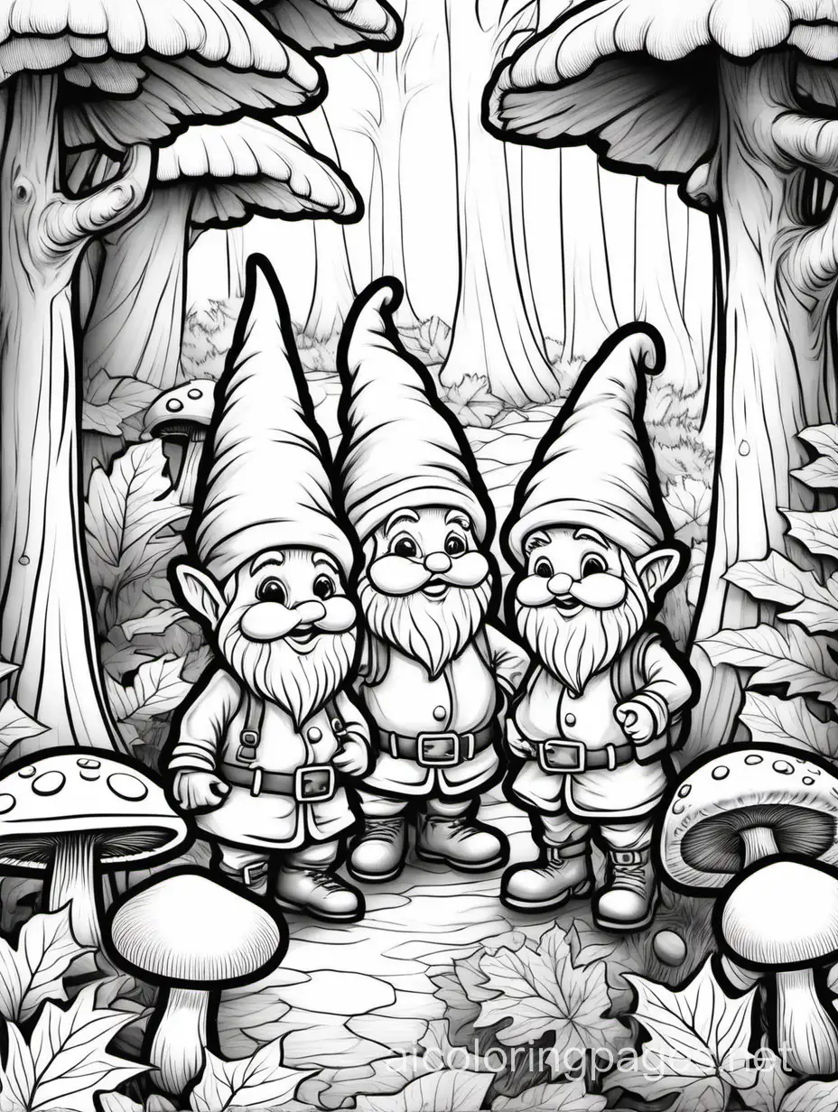 vrolijke grijswaarde  kleurplaat kabouters in het bos met paddestoel , Coloring Page, black and white, line art, white background, Simplicity, Ample White Space. The background of the coloring page is plain white to make it easy for young children to color within the lines. The outlines of all the subjects are easy to distinguish, making it simple for kids to color without too much difficulty