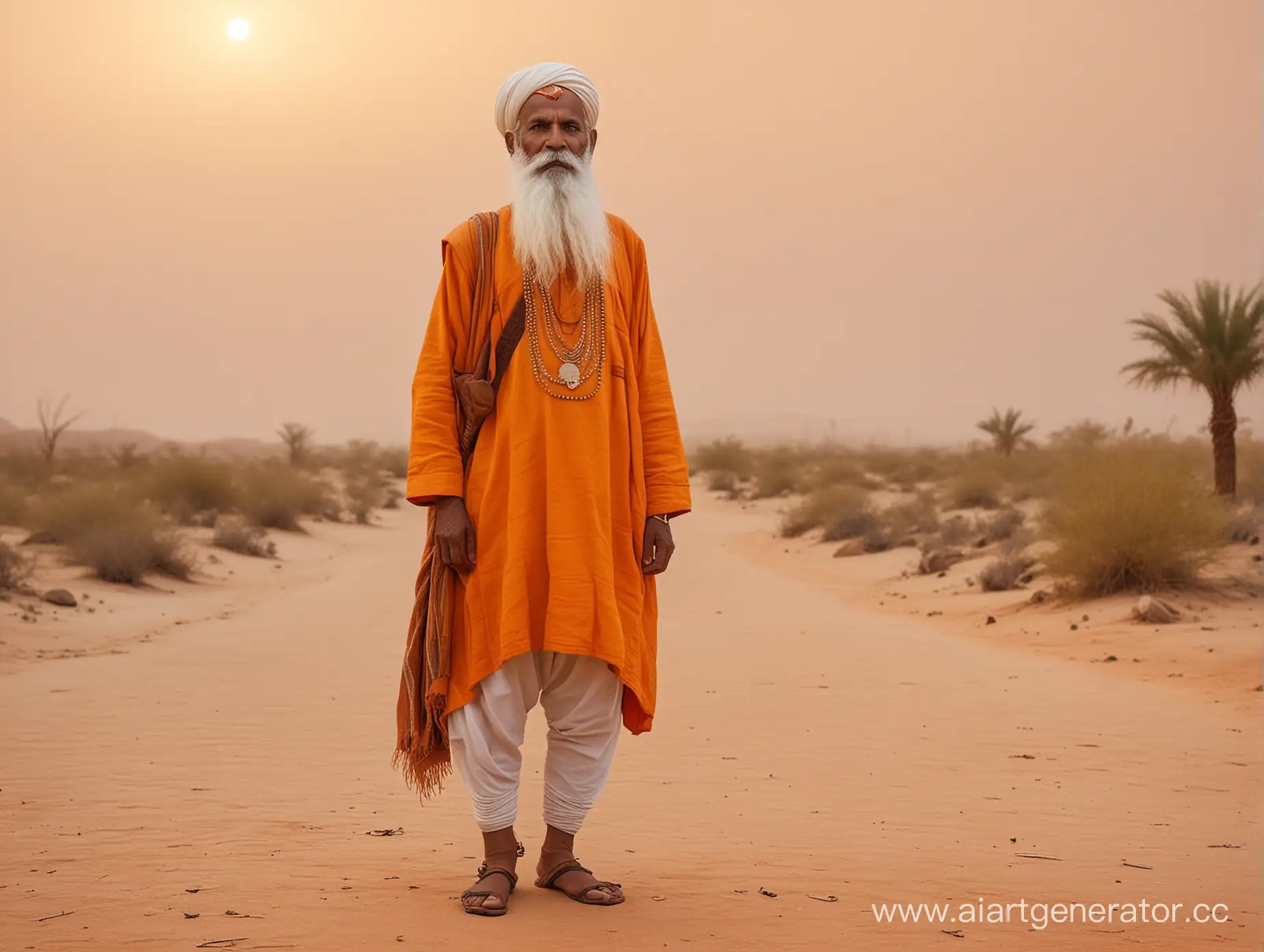 Eccentric-Old-Indian-Man-in-Orange-Attire-amidst-Desert-Oasis