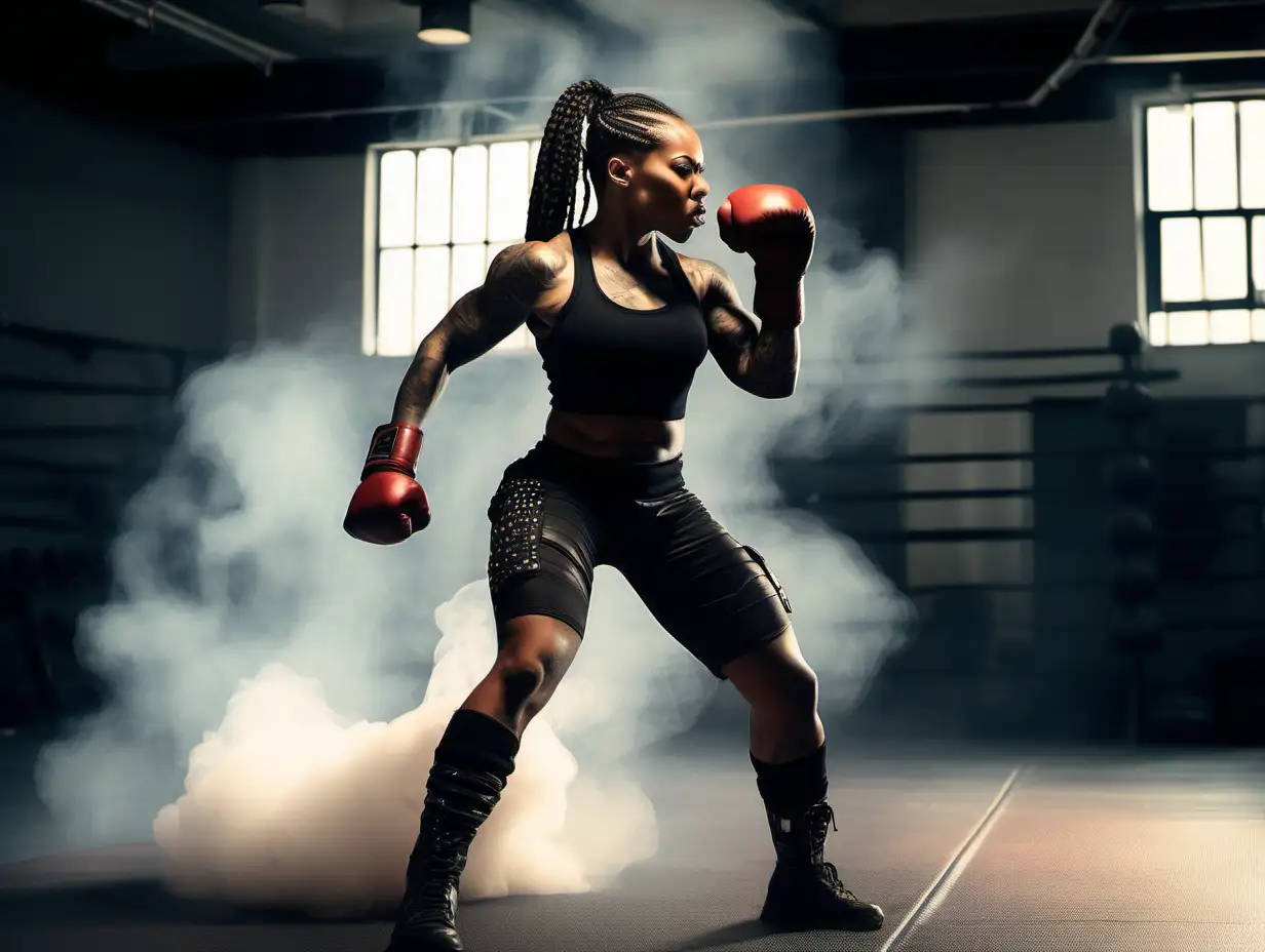 full height extremely muscular tattooed black female with hair in tight braids wearing a sleeveless black leather fighting outfit in a smoke filled gym punching a heavy bag