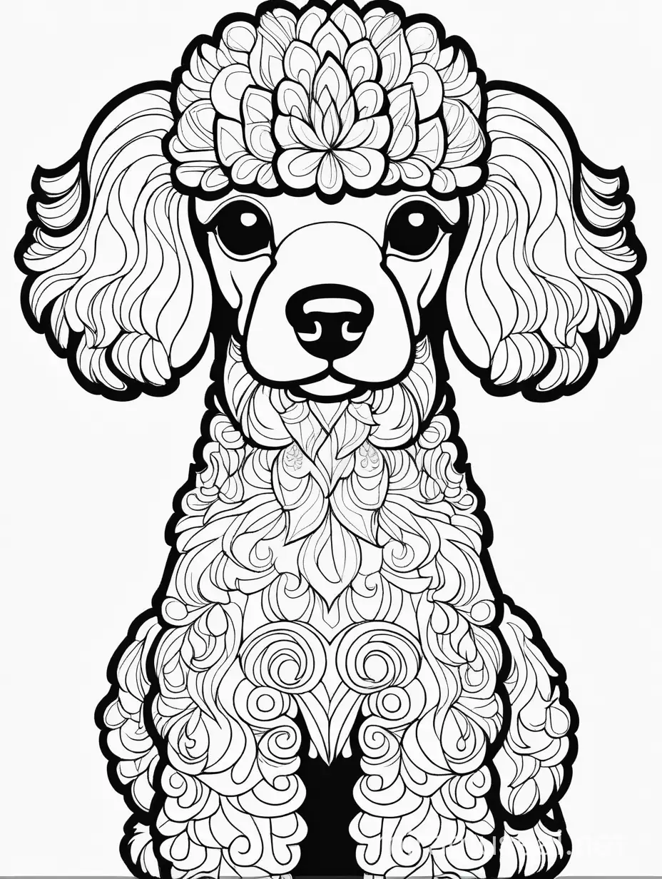 Mandala style POODLE,  no shading, adult coloring page, page centered, hairlines, simple, no background