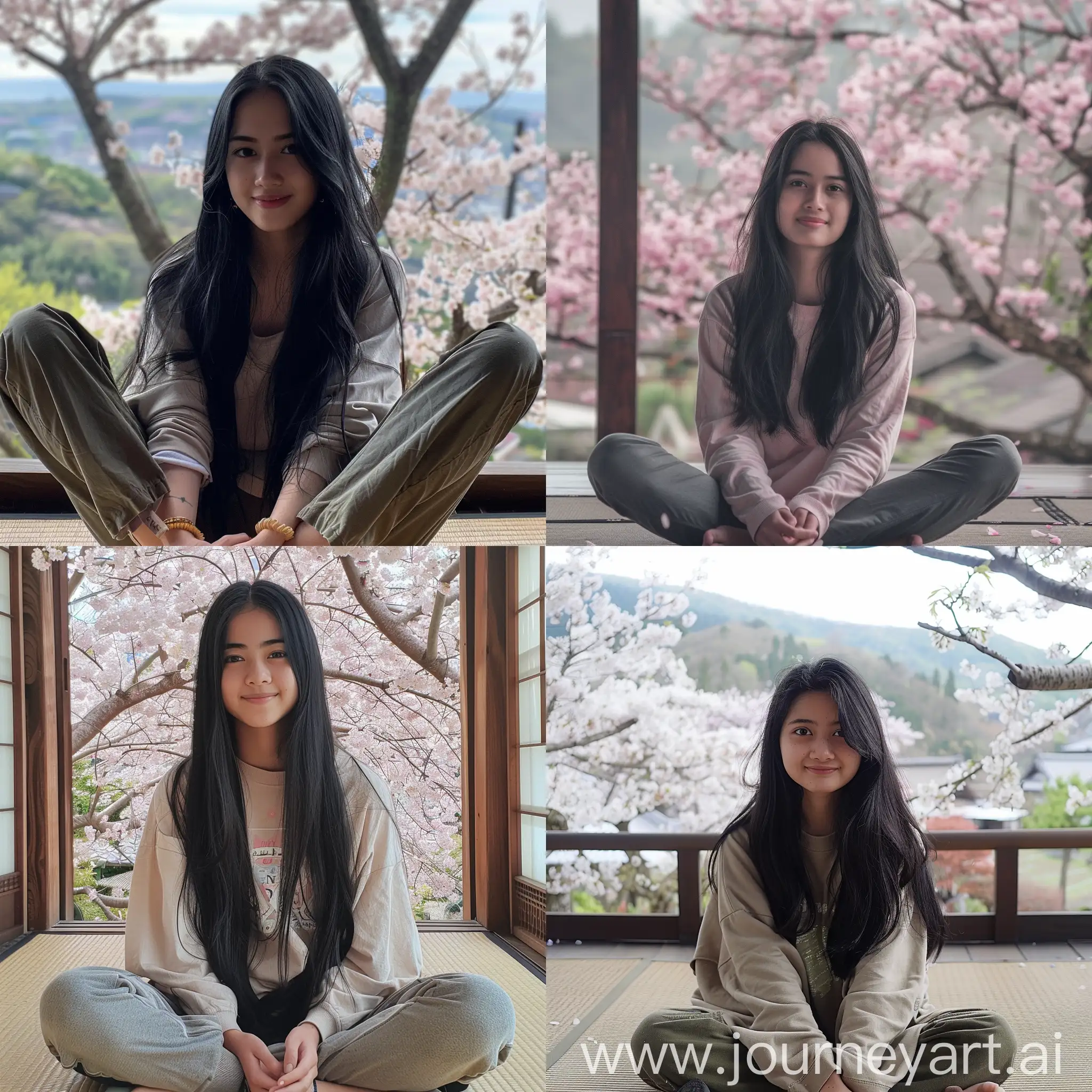 a 23 years old Indonesian girl, long black hair, casual clothes, sitting on a matting, Cherry blossom panorama, warm expression