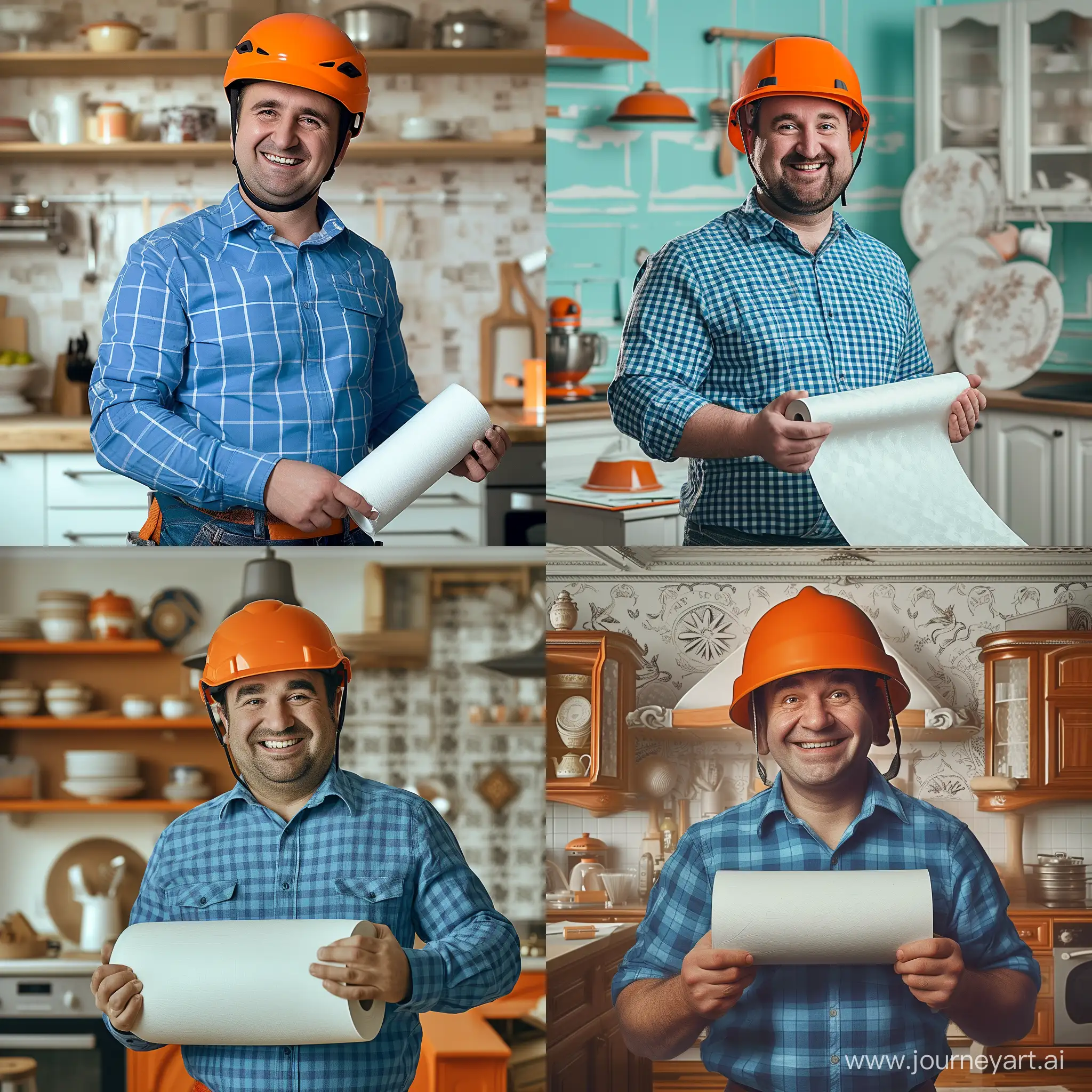 Улыбающийся мужчина, немного полноватый, в оранжевой каске, держит в руках рулон белых обоев, в синей клетчатой рубашке, на фоне кухонный гарнитур