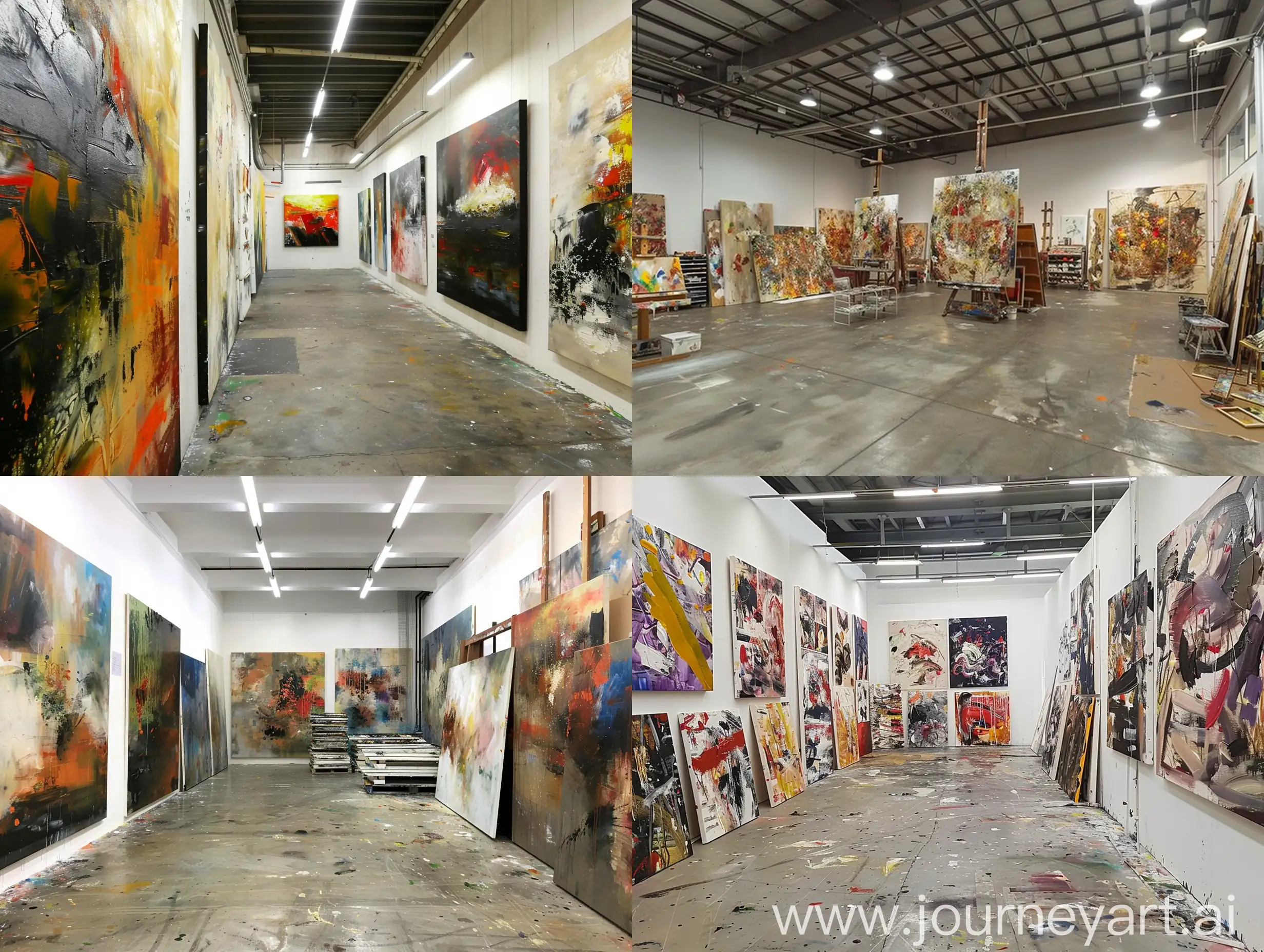 ((Best quality, highly refined, good composition)) ((Super large oil painting workshop)), large panorama, ((filled with abstract oil paintings)), ((neatly arranged)), clean cement floor Neat, ((Oil painting strokes and texture are obvious))