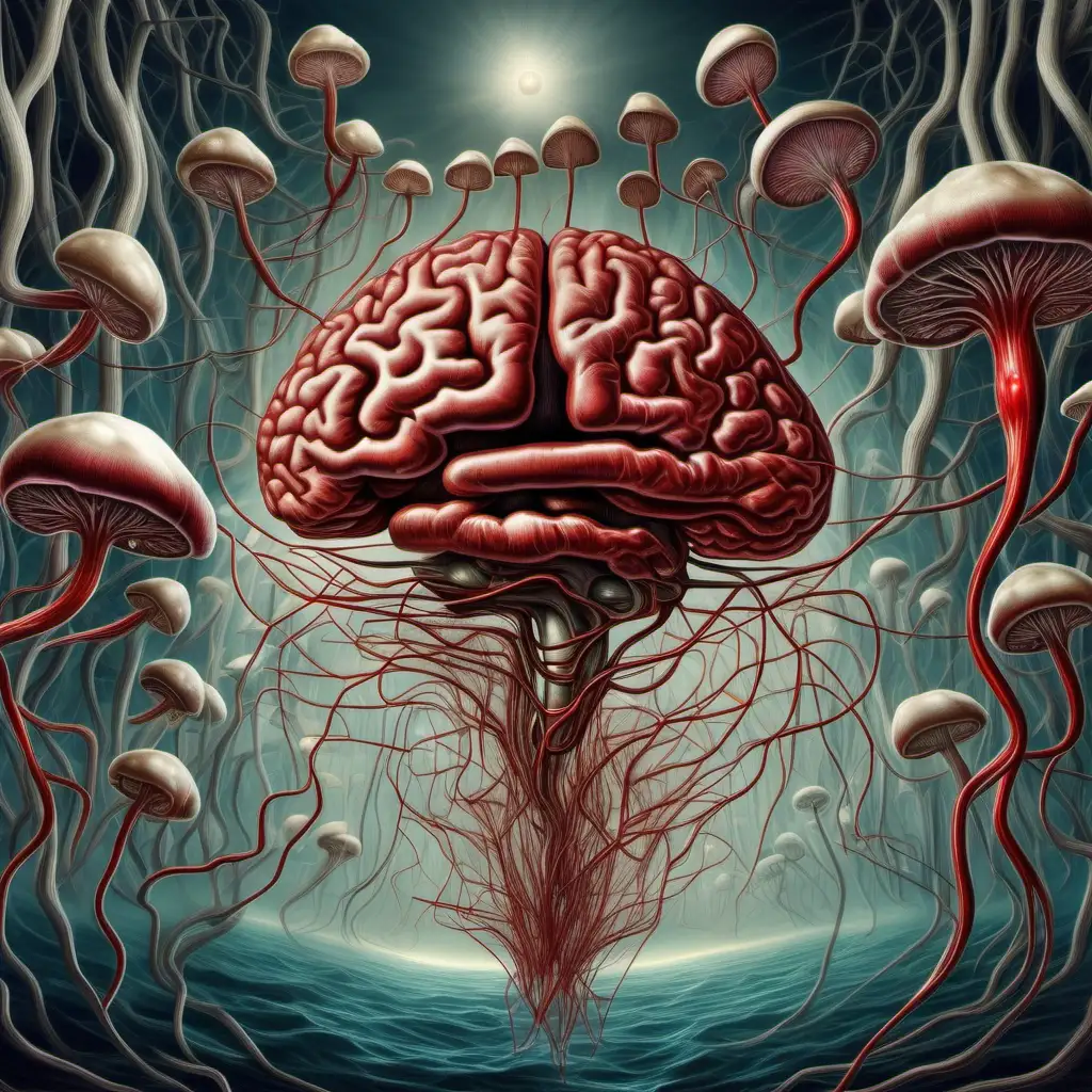 En hjärna som seglar, blodvener, surrealism, surrealistisk, high definition, små smala svampar, kemi, serotonin, dopamin