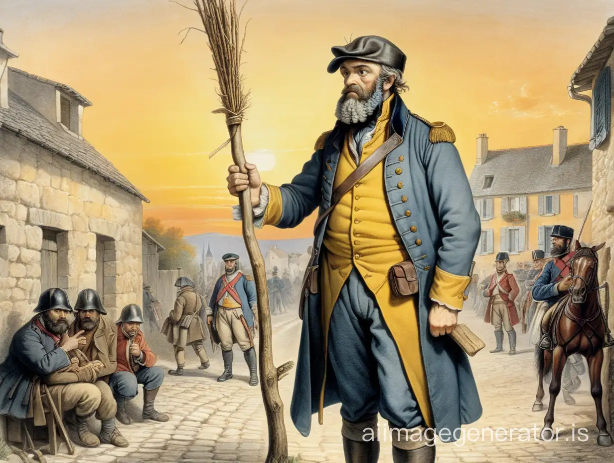 Drawing of October 1815, Jean Valjean appears in a sunset in the town of Digne. He is of medium height, stocky and robust, in the prime of life. He has a shaven head and a long beard. He wears a leather visor cap, a shirt of thick yellow canvas, an old gray ragged blouse, and a soldier's bag. He holds in his hand a huge knotted stick.