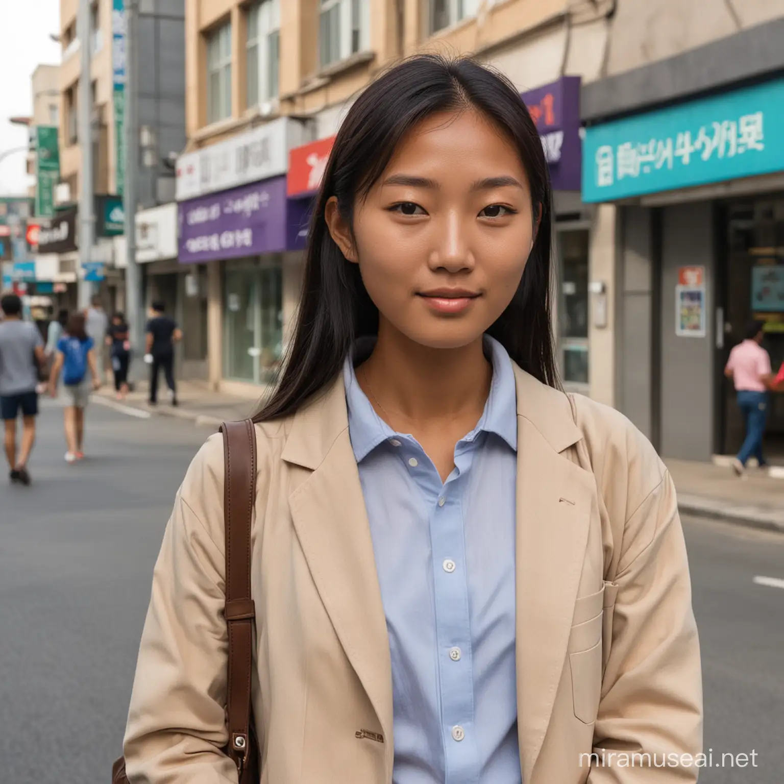 a tanned Korean woman in her 10s, on the street, in school clothes