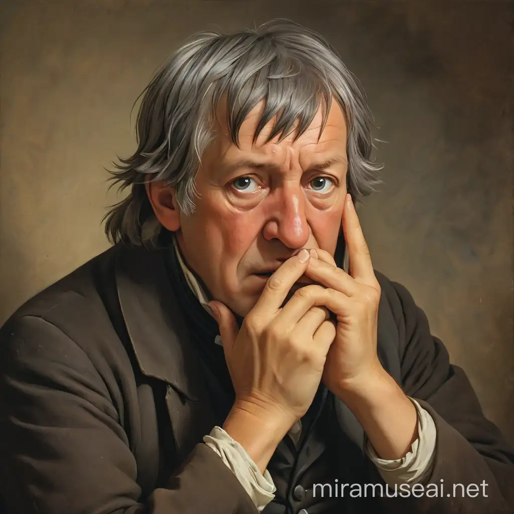 Philosopher Georg Wilhelm Friedrich Hegel covers his mouth with both hands