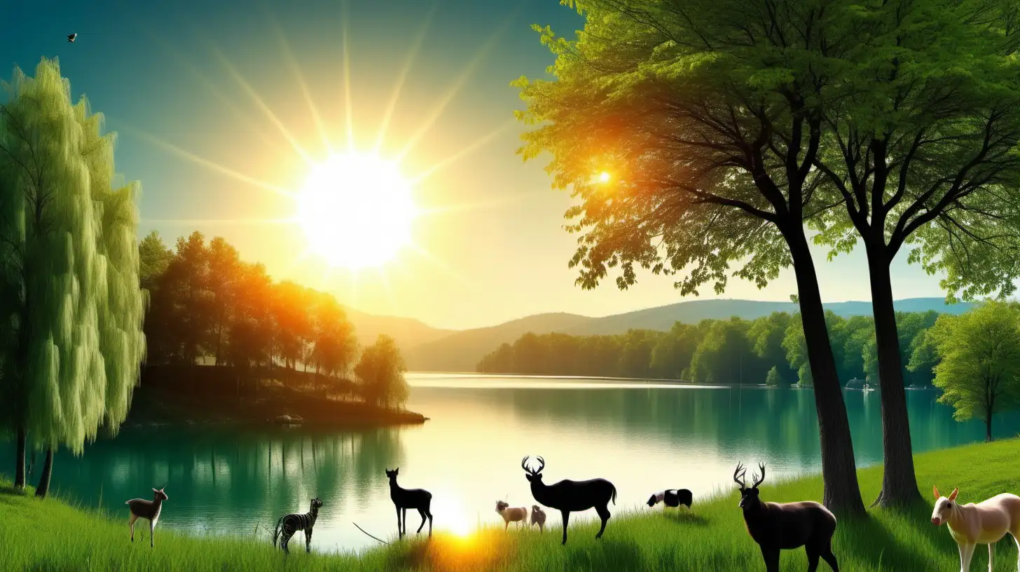 Tranquil Nature Scene with Sunlit Trees Lake and Wildlife