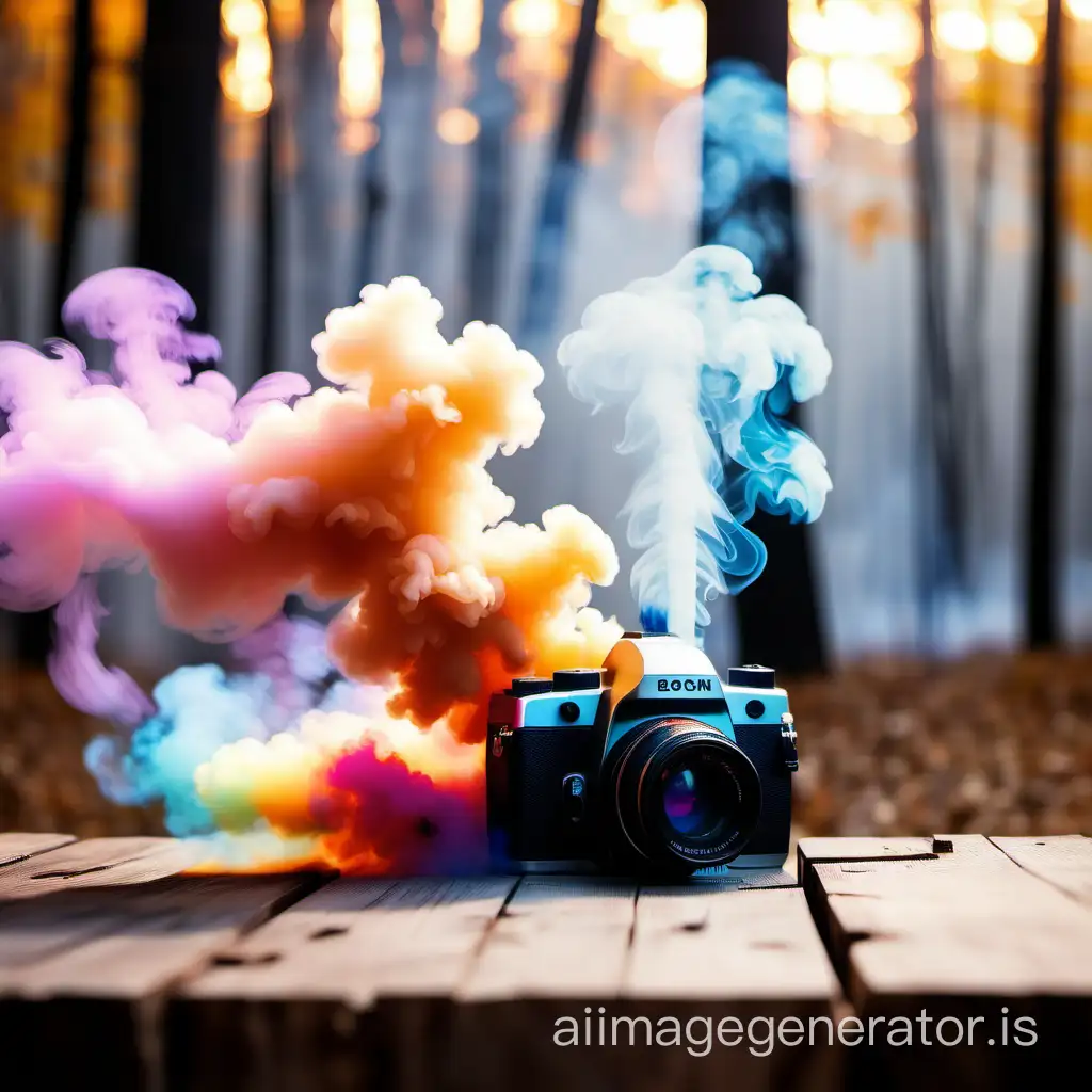 on a wooden desc with camera and burst of colorful smoke or fog around, bokeh background, three-quarters on the left view, flat lay