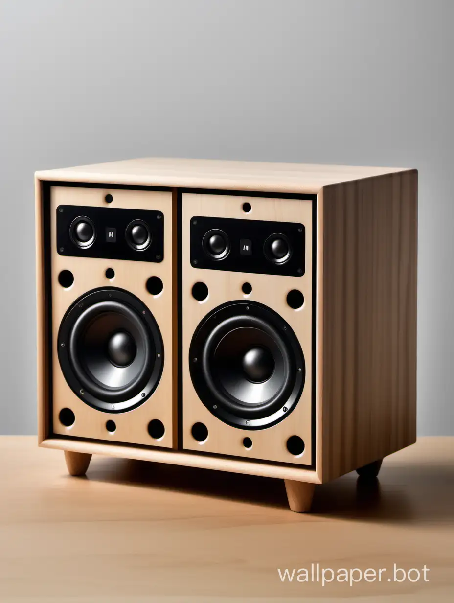 Rectangular varnished wooden cabinet of mini audio equipment, with 2 vertical 10-watt speakers on the right side of the cabinet., an mp3 Bluetooth music speaker module on the left side.