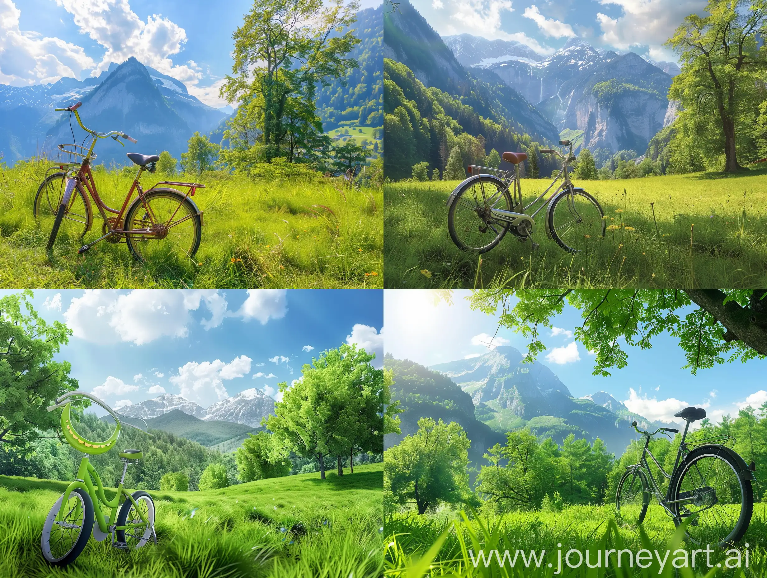 Happy smiley bike, mountain background, big green trees, grass