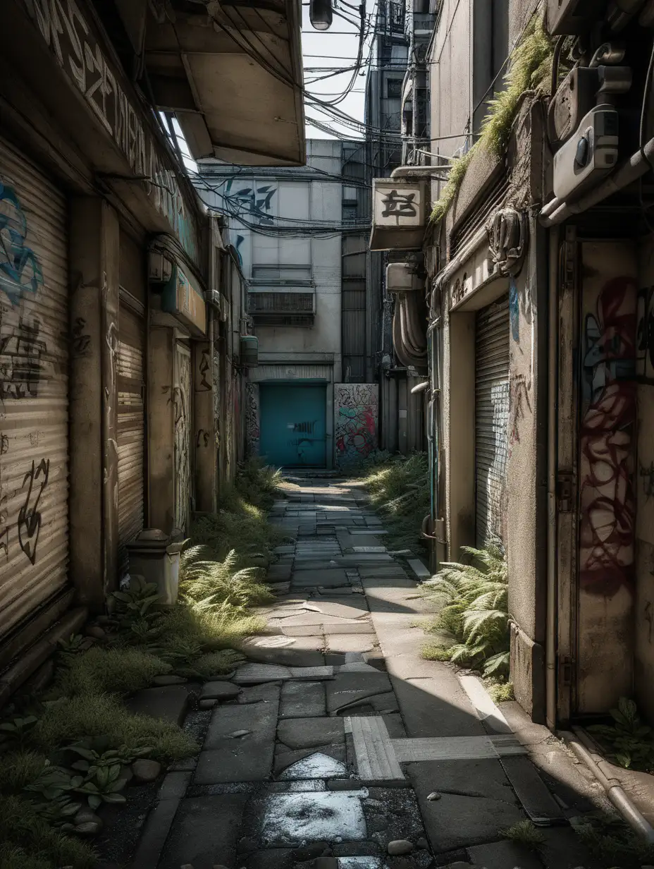 (cinematic lighting), In the heart of Tokyo, an abandoned back street unfolds as a forgotten canvas of urban decay. Dilapidated buildings, their facades weathered and covered in layers of peeling paint, stand as silent witnesses to the passage of time. Patches of graffiti adorn the walls, telling tales of fleeting expressions in the midst of desolation. Weeds push through cracks in the pavement, reclaiming the forgotten space. The air is heavy with a sense of abandonment, creating an eerie ambiance in this forsaken corner of the bustling metropolis, intricate details, hyper realistic photography,--v 5, unreal engine,