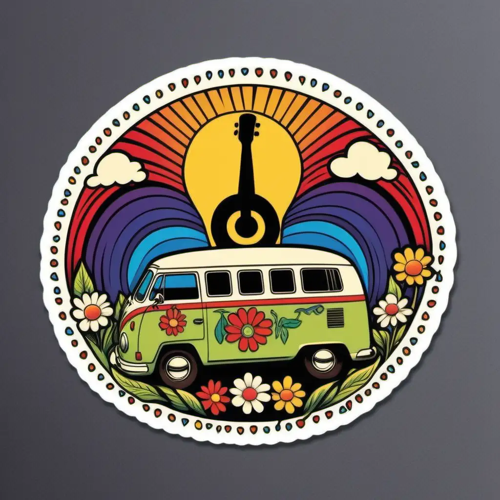 Create a Woodstock-inspired theme, incorporating music and peace elements.sticker