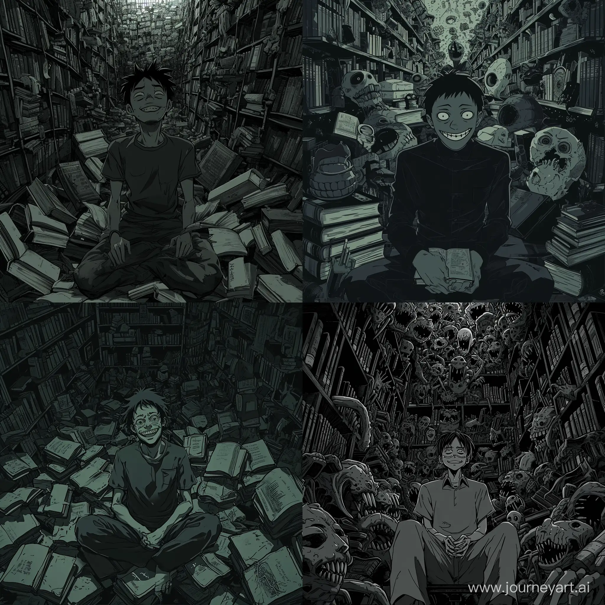 in a dark and eerie anime style reminiscent of Junji Ito's works a man with an smile sits amidst a surreal library of bizarre, eldritch books. The color temperature is a chilling monochromatic grayscale