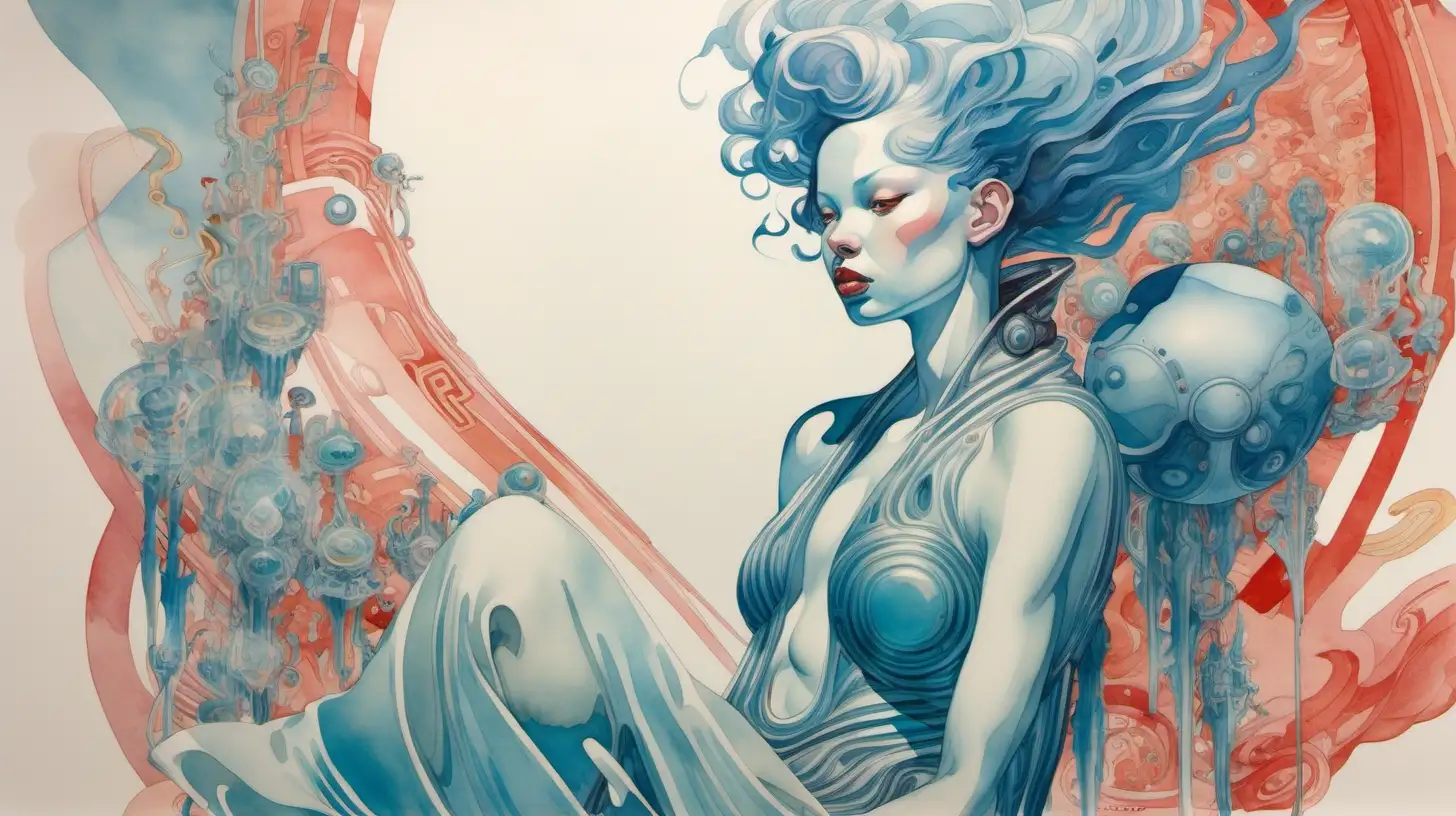 james jean watercolor painting of a goddess in futuristic clothing