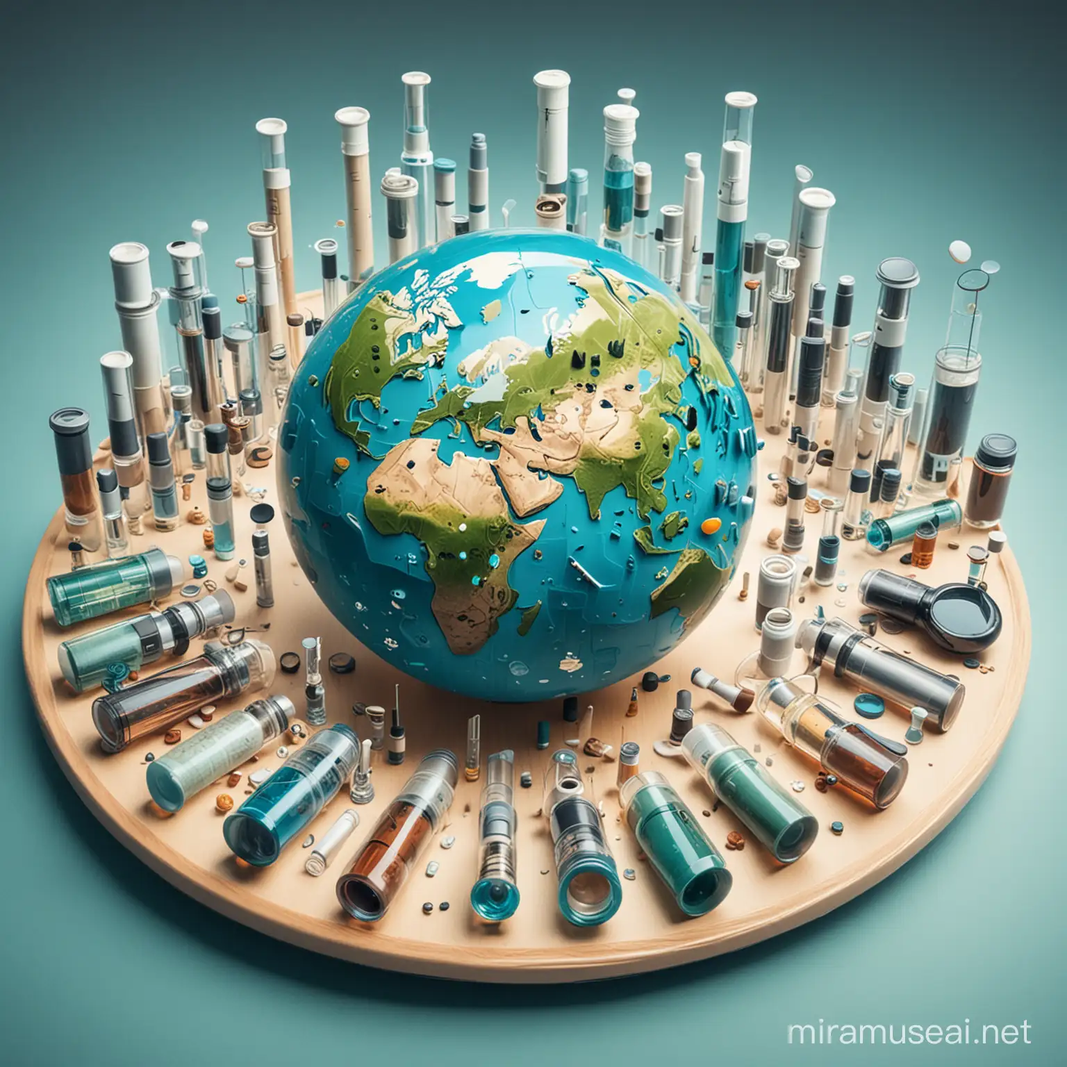 Planet Earth, surrounded by test tubes, plates, microscopes, cartoon style