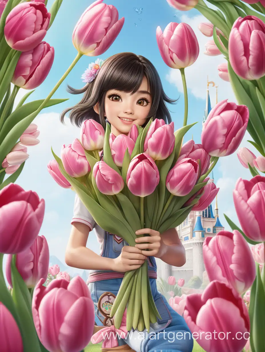 вей сяо бао из игры perfect world, в стиле дисней, с огромным букетом розовых тюльпанов