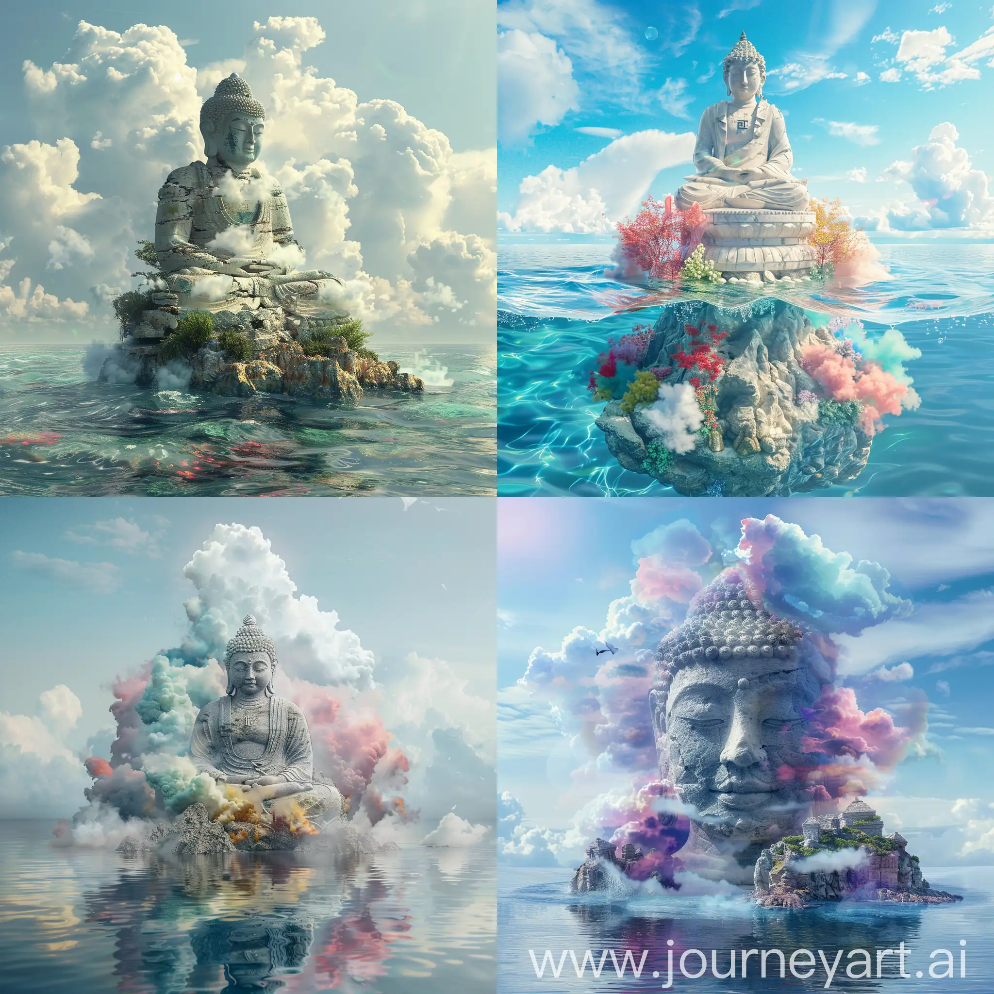 Mystical-Stone-Buddha-Statue-on-Colorful-Cloud-Island