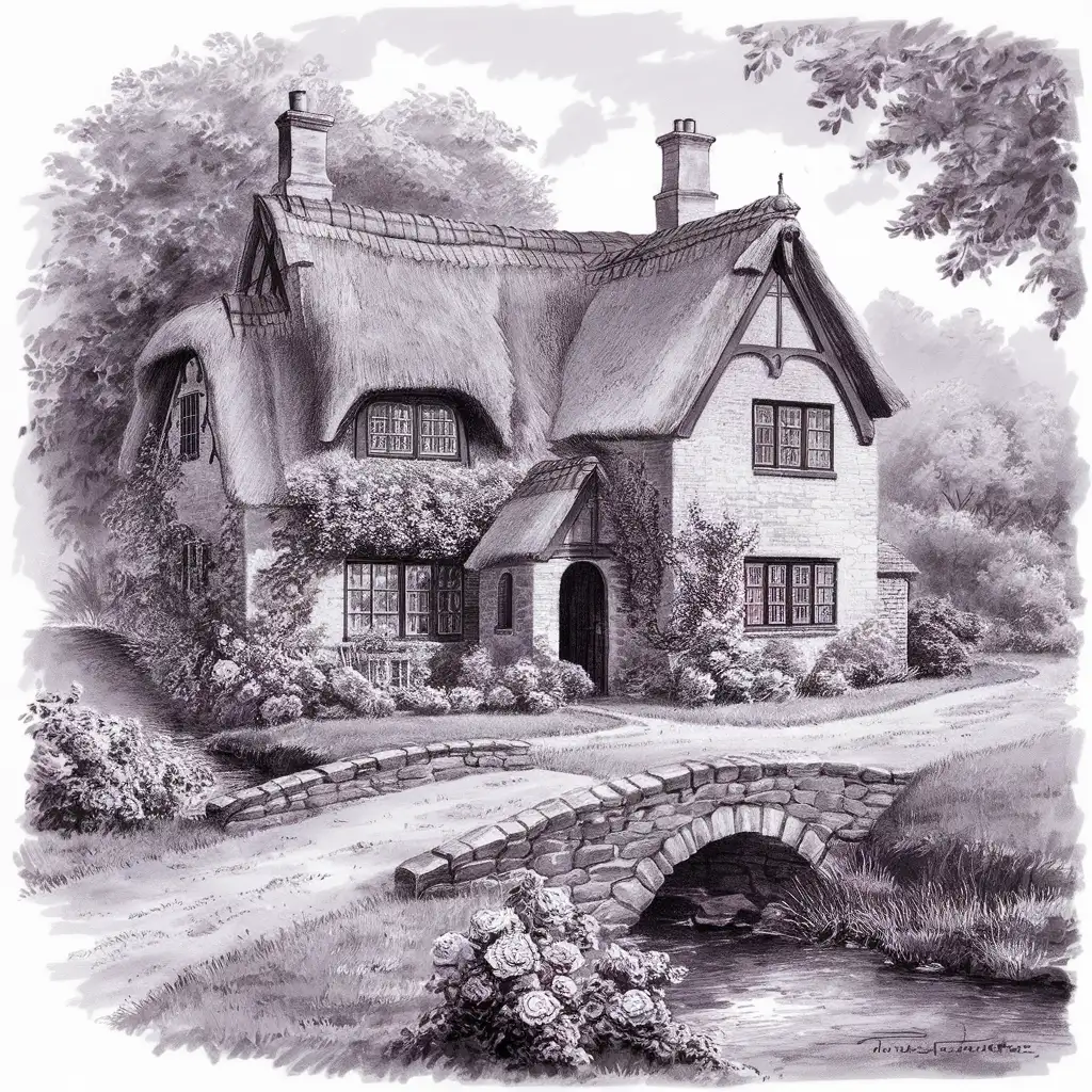 cotswold english cottage cottage with a path and stone bridge with a stream and roses. pencil drawing 