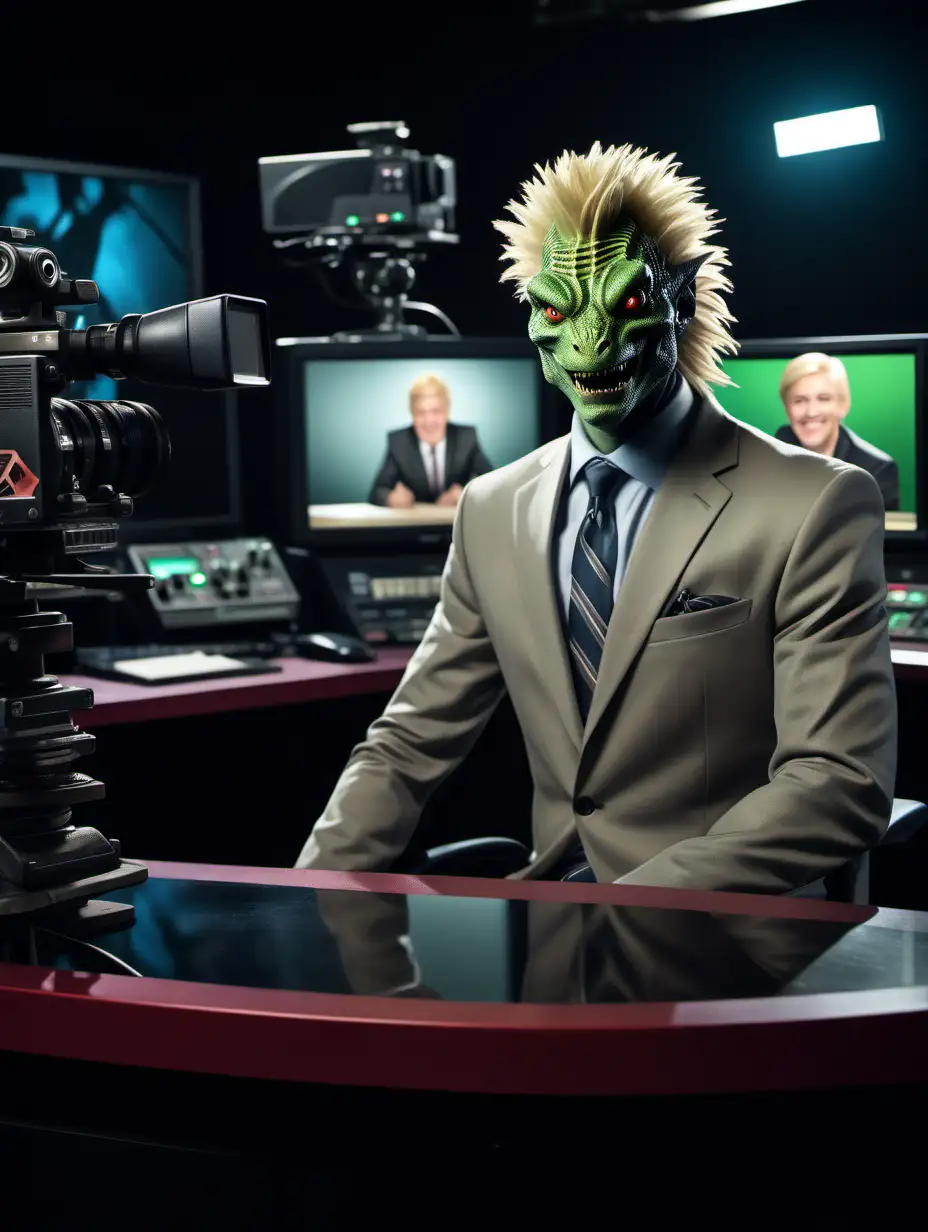 Sinister Lizard Man Hosts Futuristic TV Show in Dramatic Setting