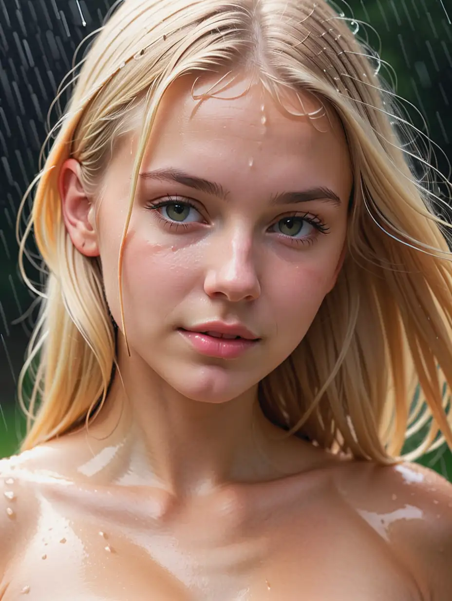 naked 19 year old blonde woman close-up outside head back enjoying light rain on her face