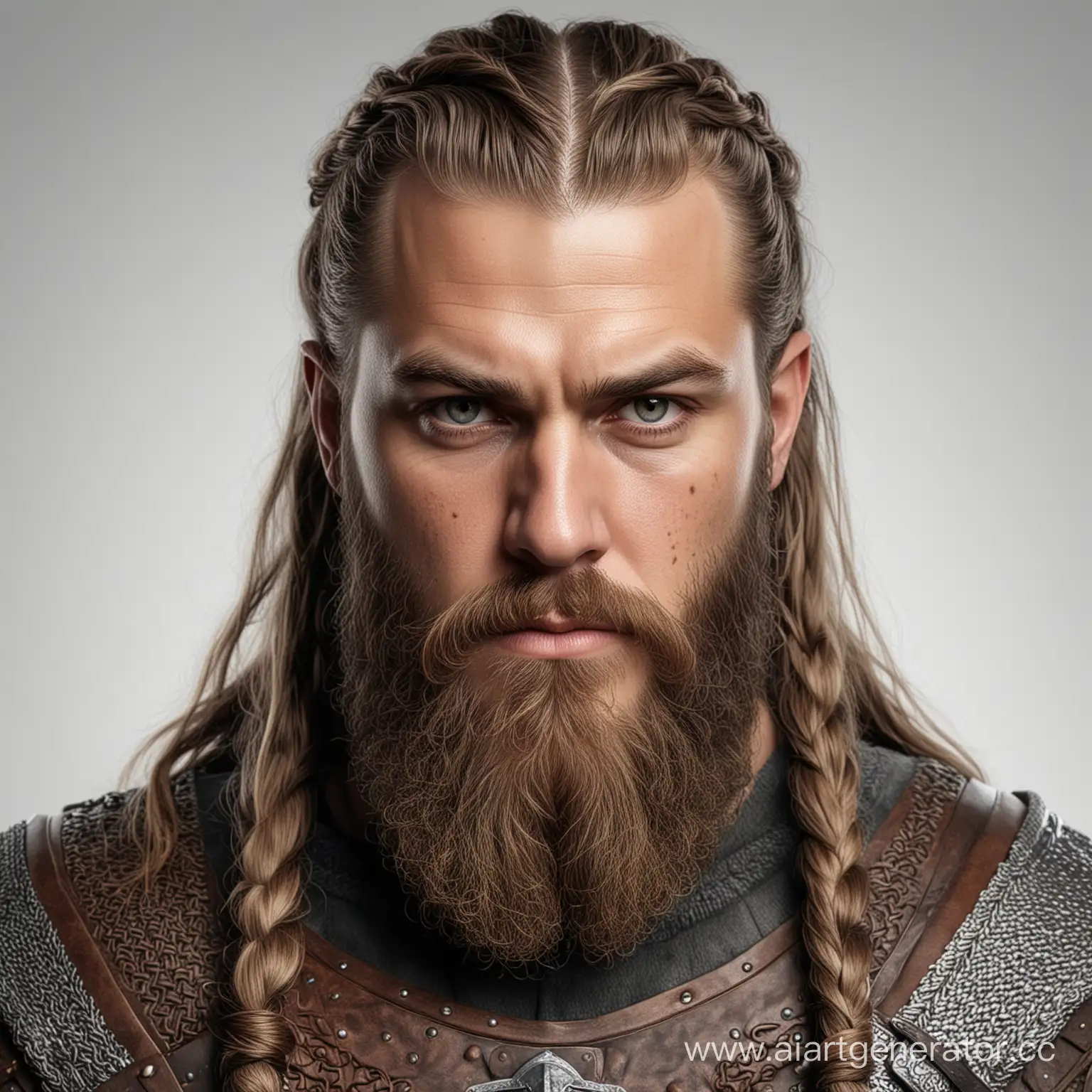 Изображение в реализме викинга , борода-косичка, длинные волосы, серьезное лицо, доспехи на белом фоне