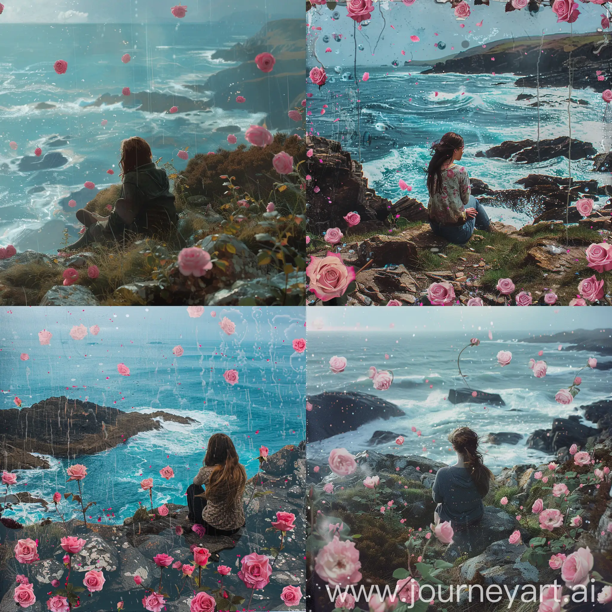 It's a rainy day in Scotland but the sun is shining, a woman is sitting on a rocky hill looking out to sea, the sea is blue but choppy, foamy waves are crashing on the rocks, the woman is pensive, sad and lonely but she has a proud and accepting expression. pink roses are everywhere around her