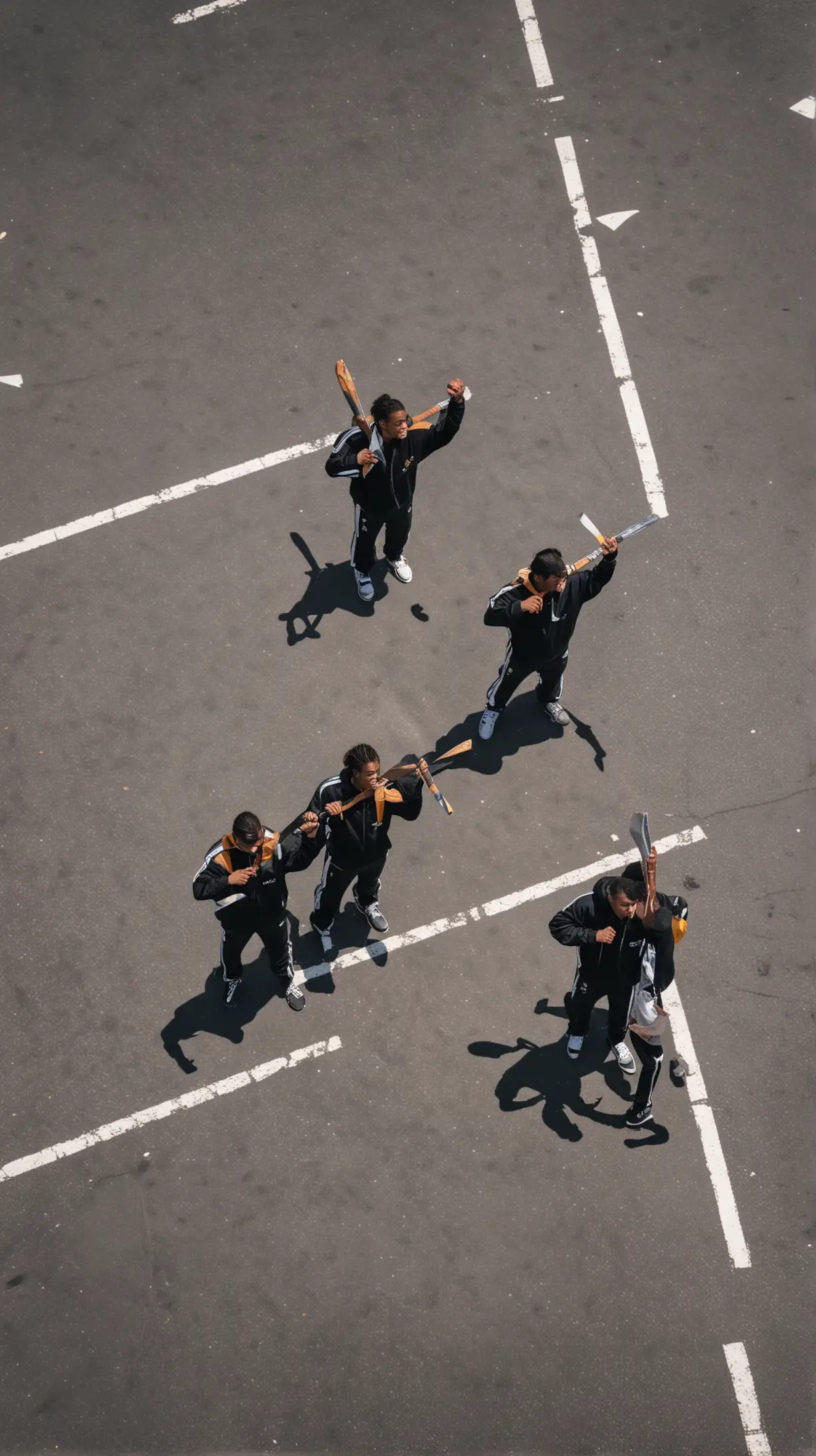 groupes de jeunes océaniens habillés en jogging avec des machettes dans la main. 

Sur un parking vue de haut 
